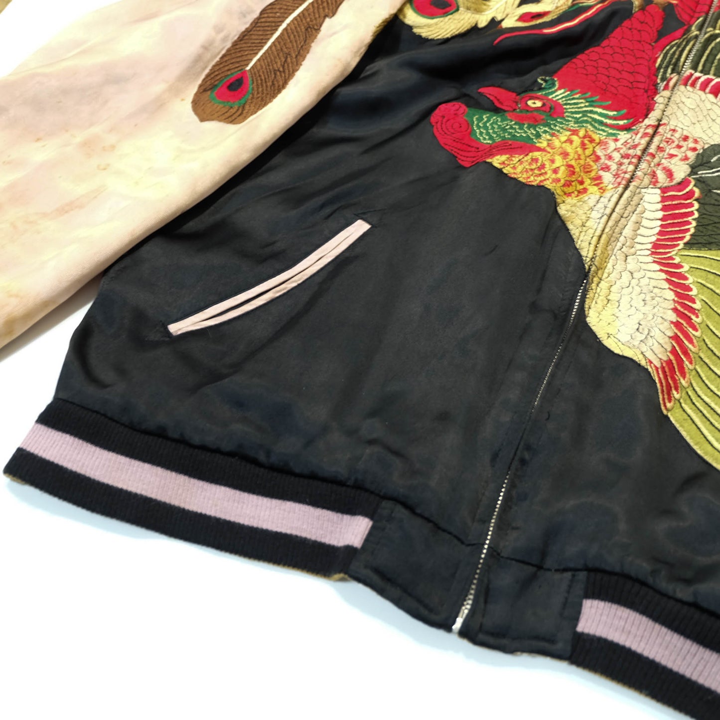 Vintage-Inspired Wagara Embroidered Jacket Featuring Majestic Kujaku Peacock Feathers, Phoenix Bird & Traditional Japanese Textile Art