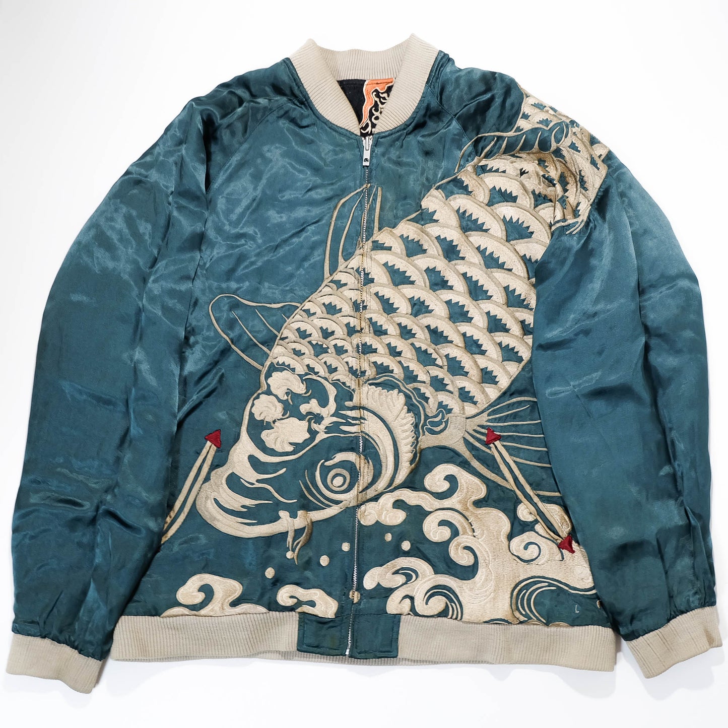 Japanese Sukajan Jacket XL Dragon & Koi Carp Water Wave Embroidery Reversible Yokosuka Bomber