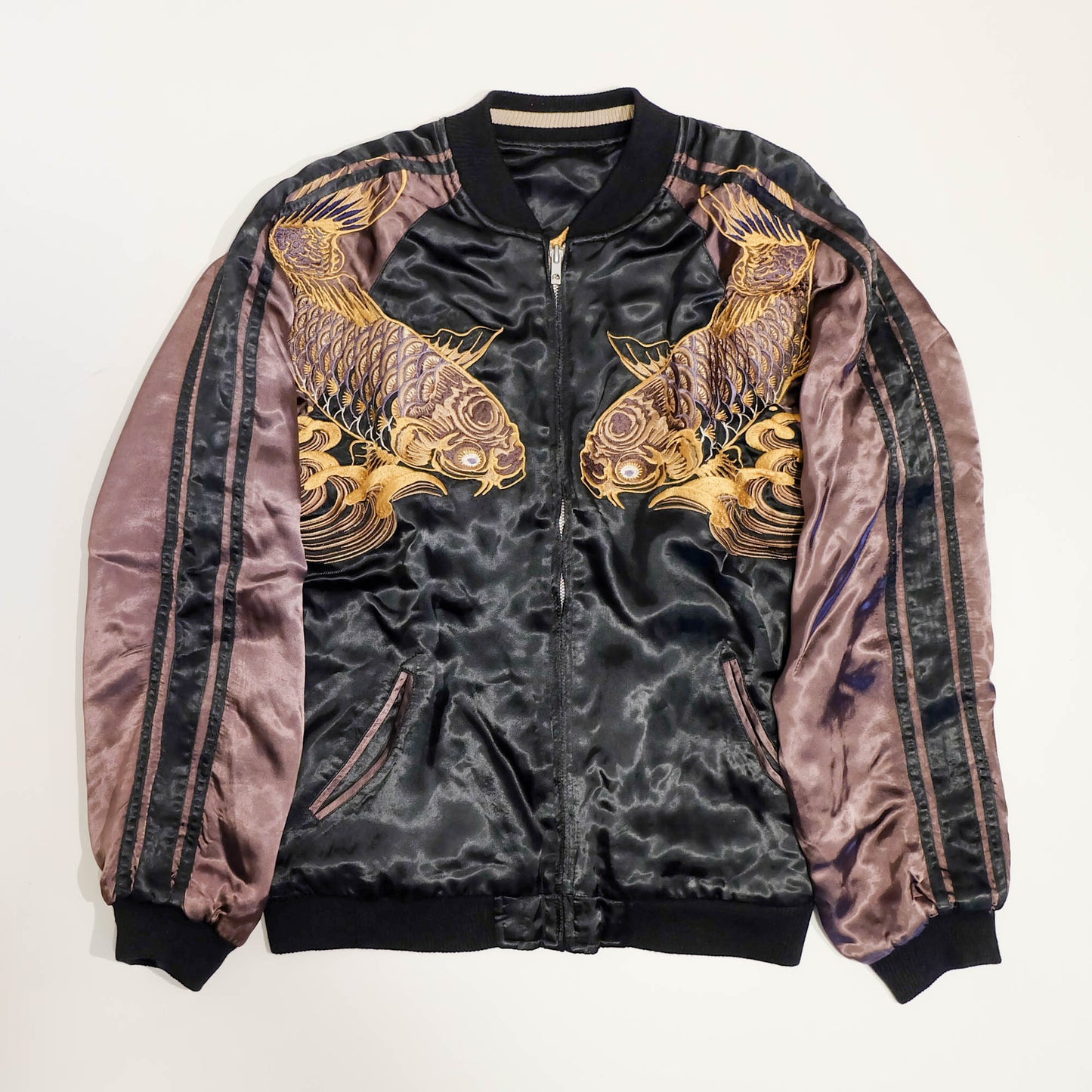 Ryu-Oh Reversible Koi Fish Sukajan Jacket Size L Vintage Japanese Souvenir Bomber | Rising Koi Tattoo Art, Lotus Crest & Brocade Sleeve Wearable Art