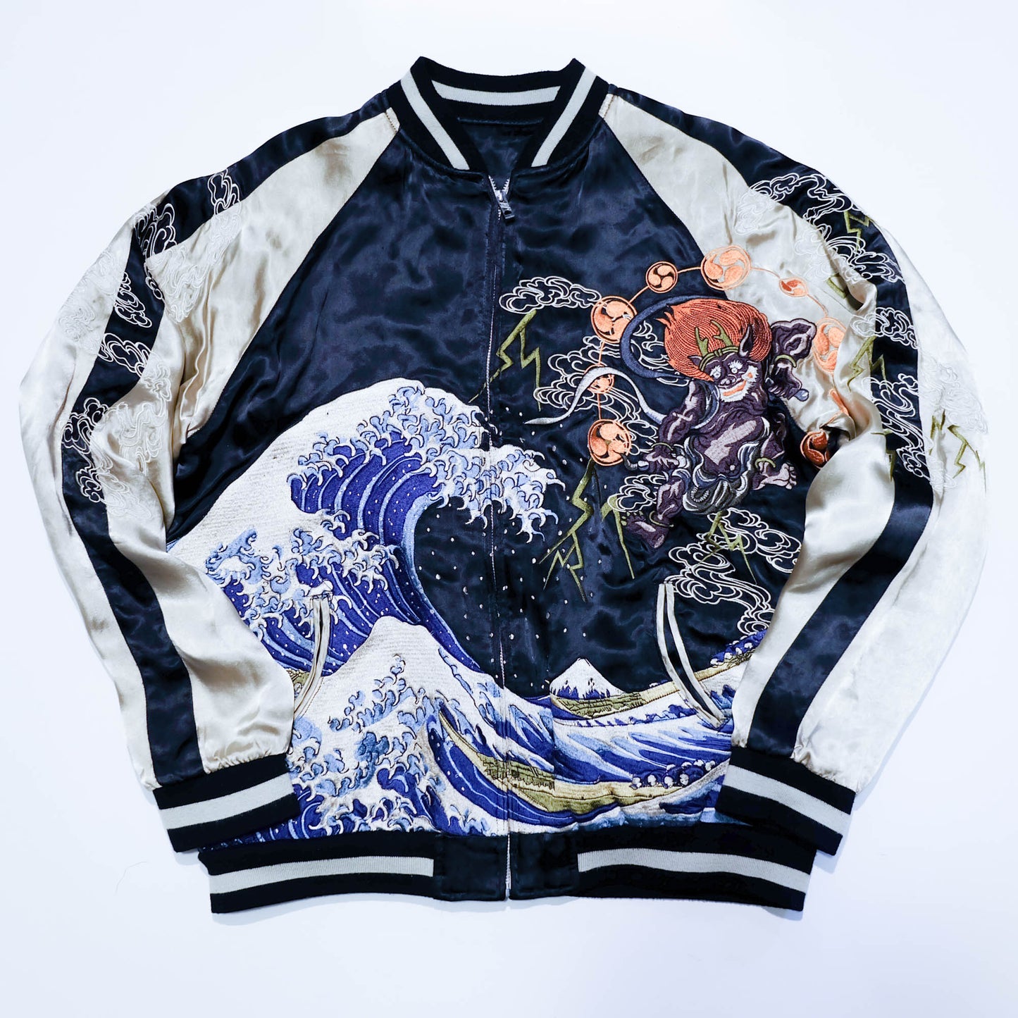 Rare Japanese Oni Wind & Thunder Gods × Great Wave Embroidered Rayon Souvenir Jacket