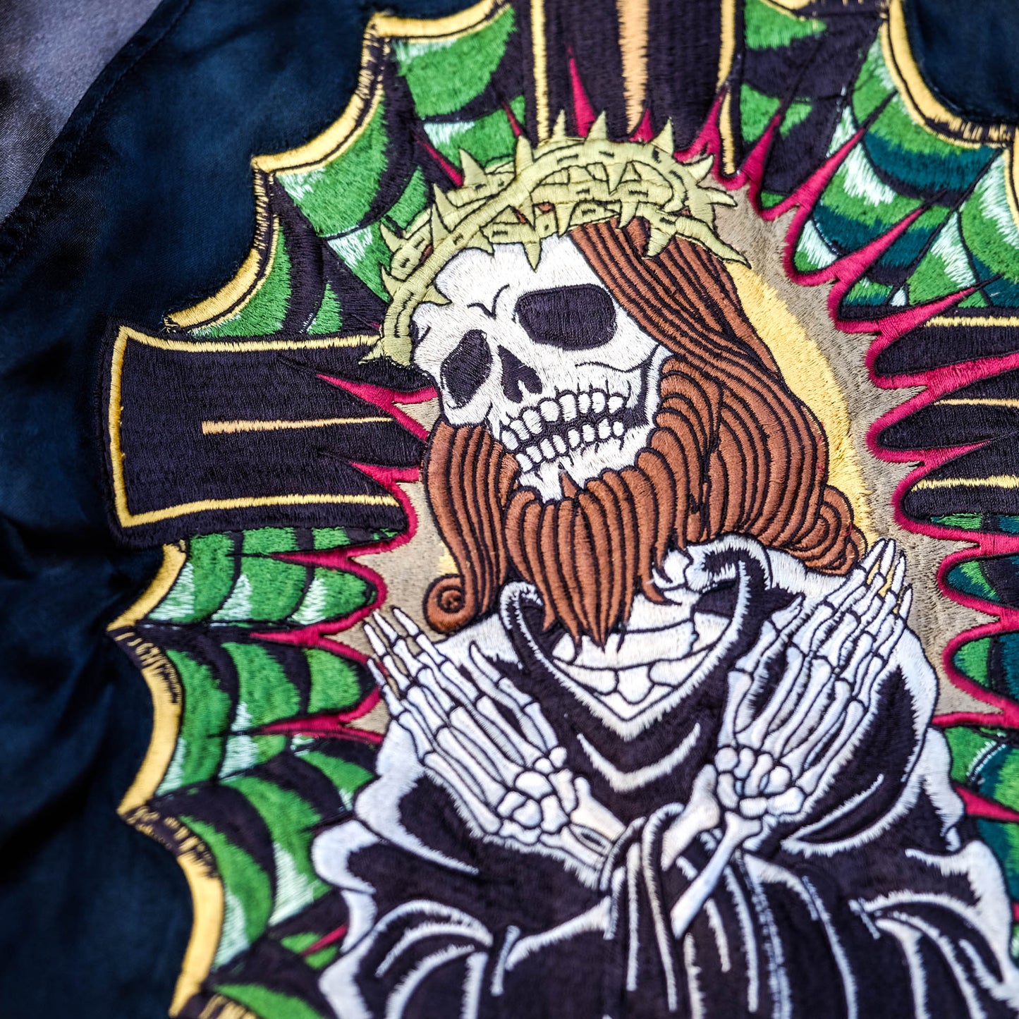 JUNK STAR Skull Monk Priest Cross Embroidery Sukajan Jacket XS | Japanese Streetwear Souvenir Jacket