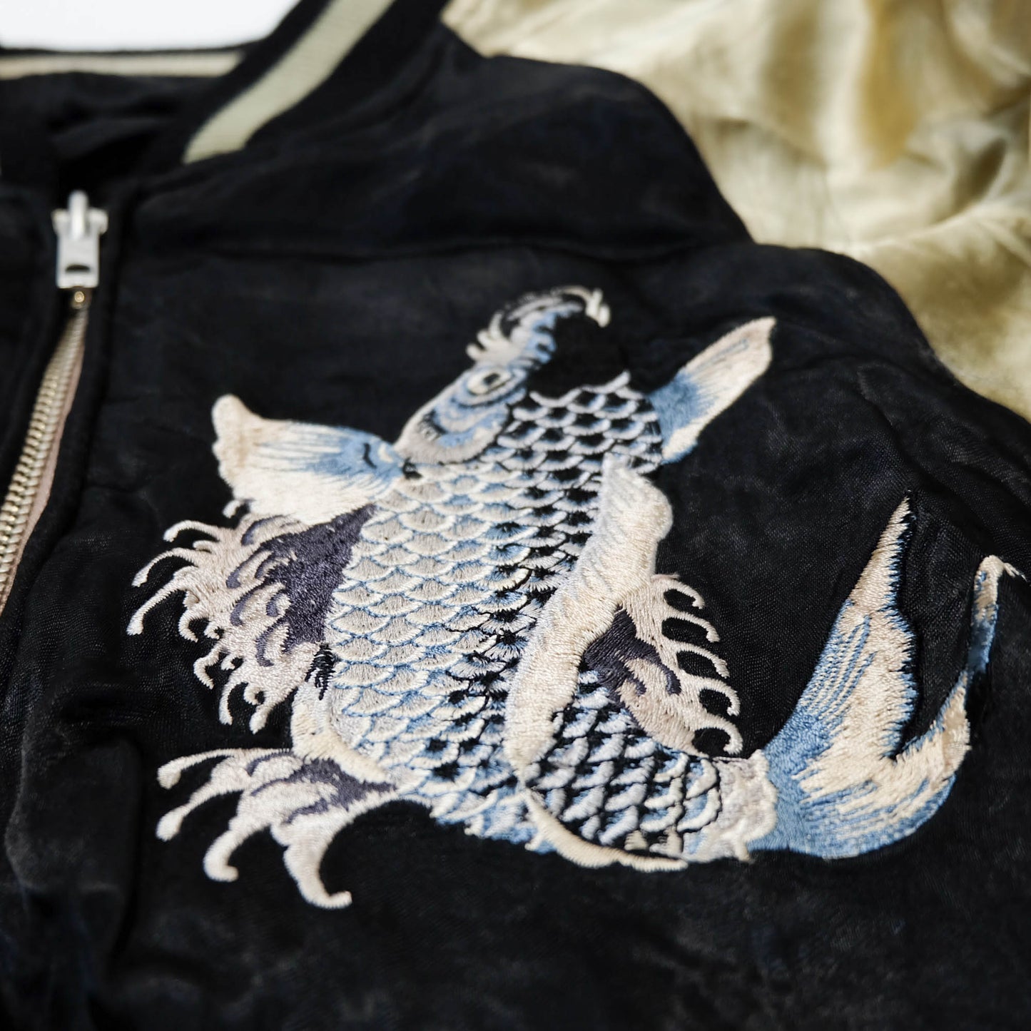 Traditional Japanese Koi Fish Wagara Embroidery Jacket Featuring Dynamic Water Motif & Vintage Yokosuka Style