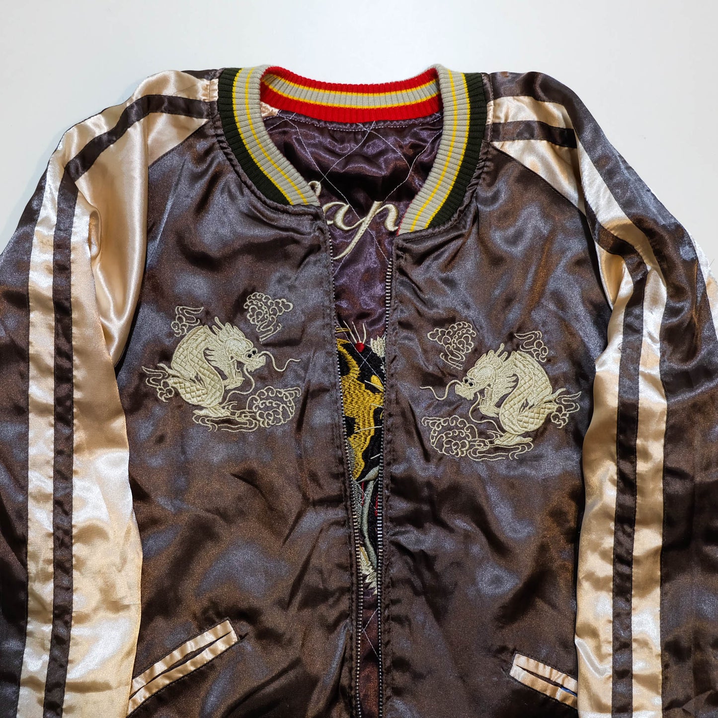 Brown Tiger × Dragon Embroidered Sukajan Jacket Japanese Souvenir Bomber Jacket M-L | Vintage Yokosuka Style Streetwear Wearable Art