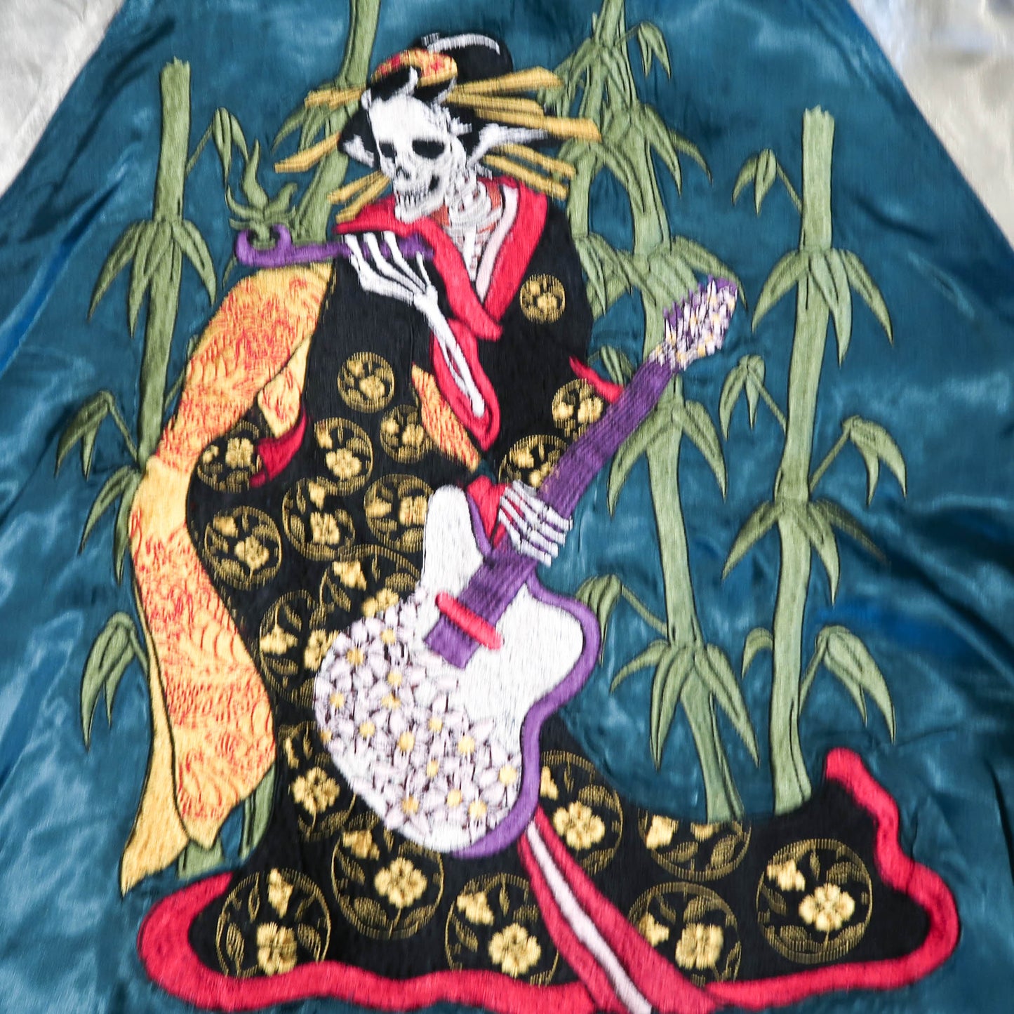 Skeleton Geisha Shamisen Sukajan Jacket | Japanese Punk Rockabilly Embroidered Souvenir Bomber Jacket