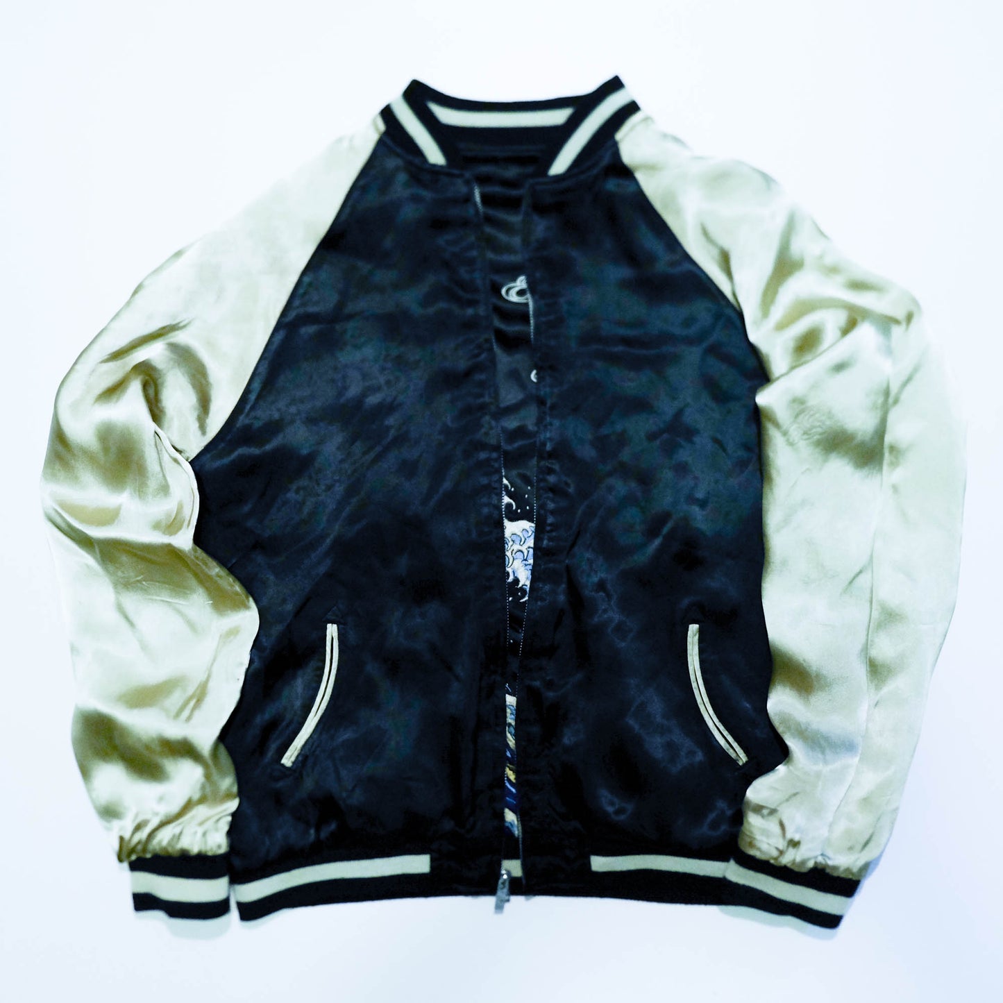 Rare Japanese Oni Wind & Thunder Gods × Great Wave Embroidered Rayon Souvenir Jacket