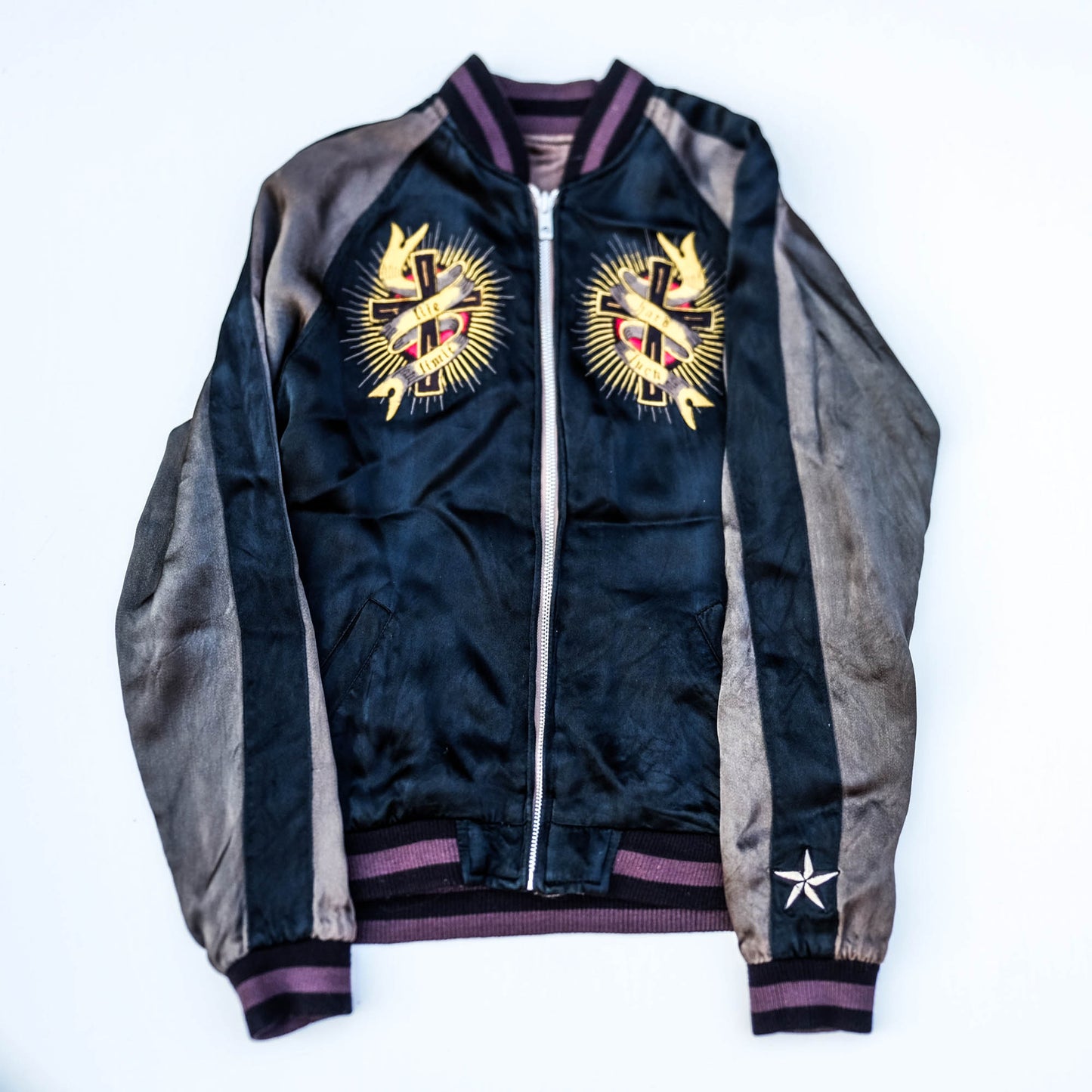 JUNK STAR Skull Monk Priest Cross Embroidery Sukajan Jacket XS | Japanese Streetwear Souvenir Jacket