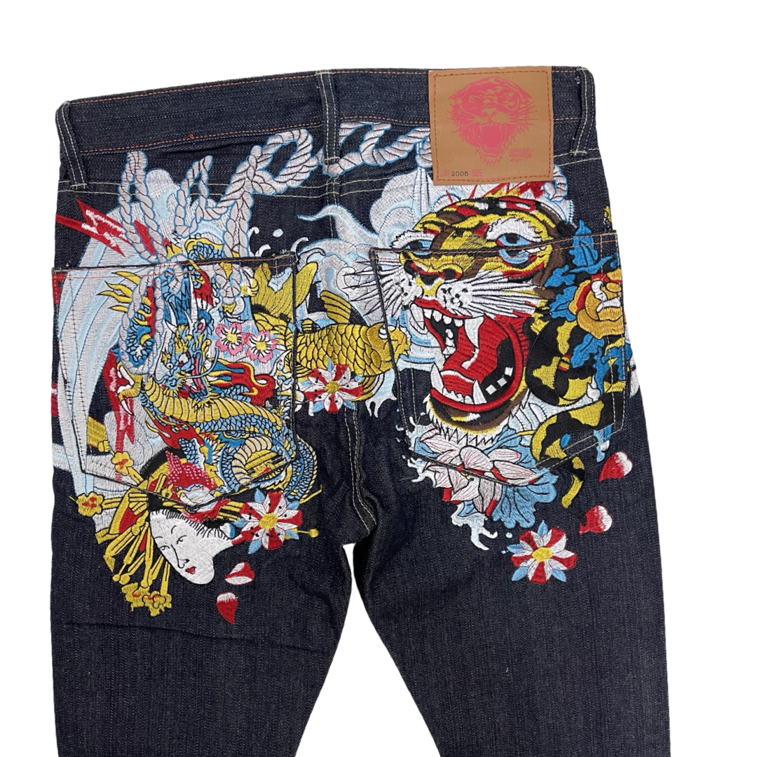 Dope Don Ed Hardy Japan Embroidered Geisha Tiger Denim Jeans 32 in