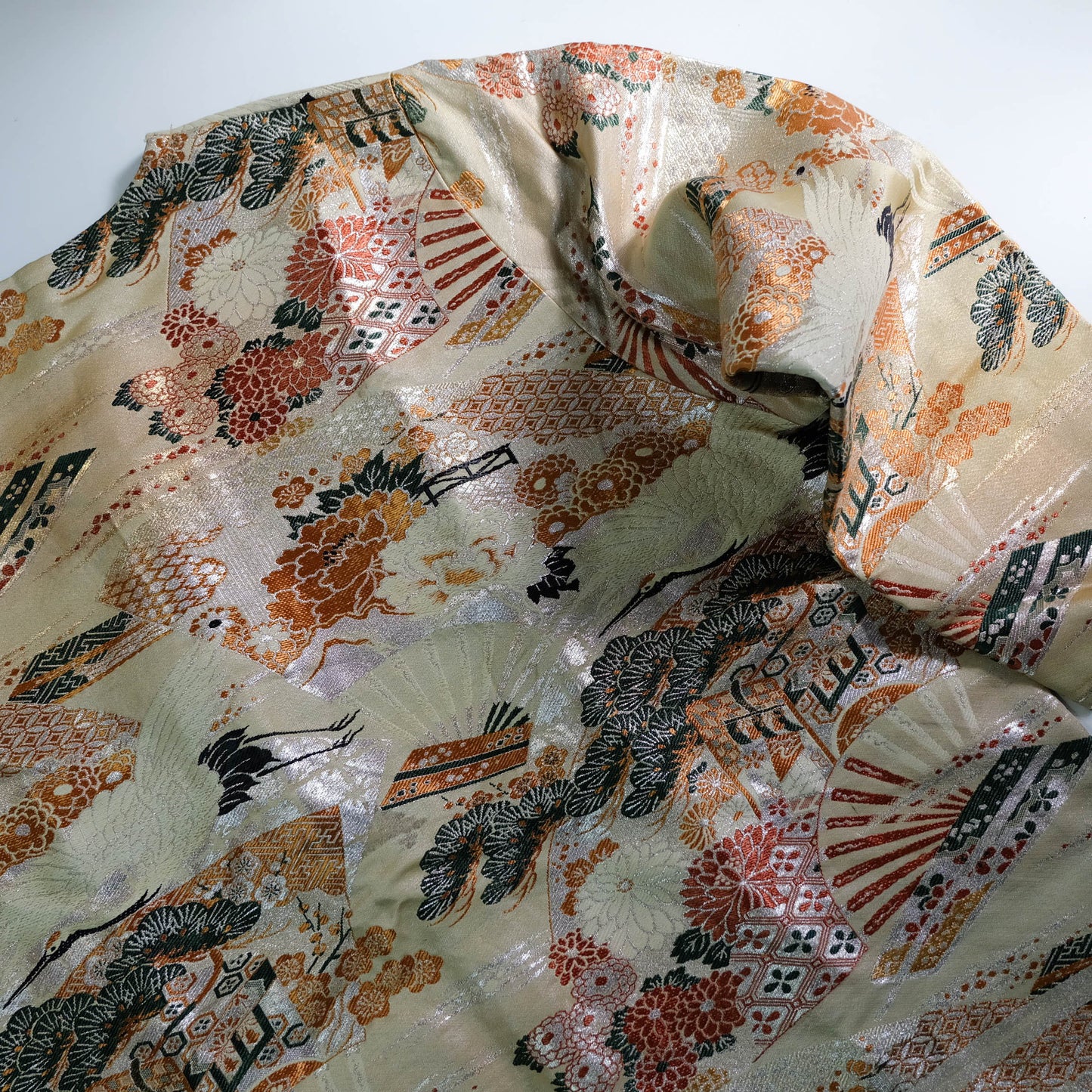 One-of-a-Kind Japanese Wagara Brocade Jacket with Tsuru Cranes, Sensu Fans, Pine, Chrysanthemum & Classical Geometric Motifs