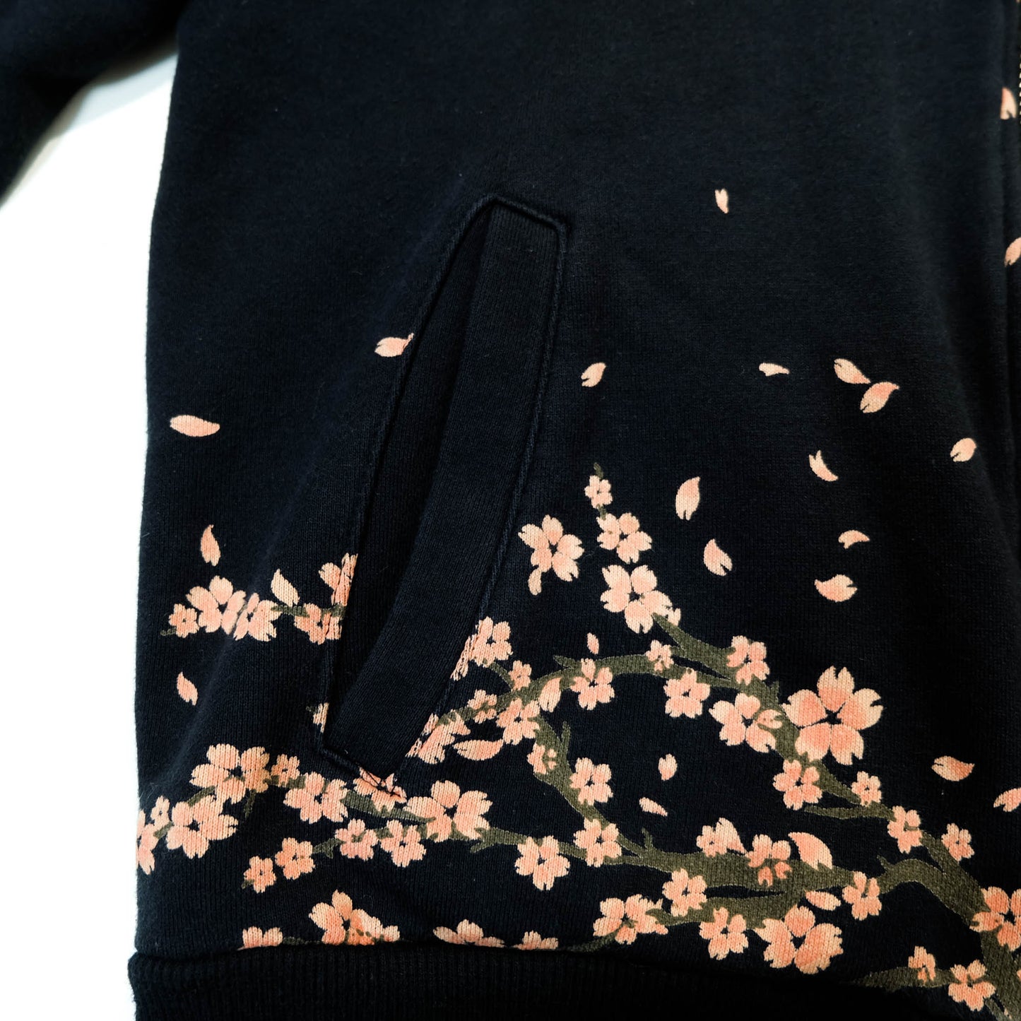 Elegant Japanese Streetwear Hoodie with Cascading Sakura Branch Embroidery, Falling Petals and Wagara-Inspired Floral Art