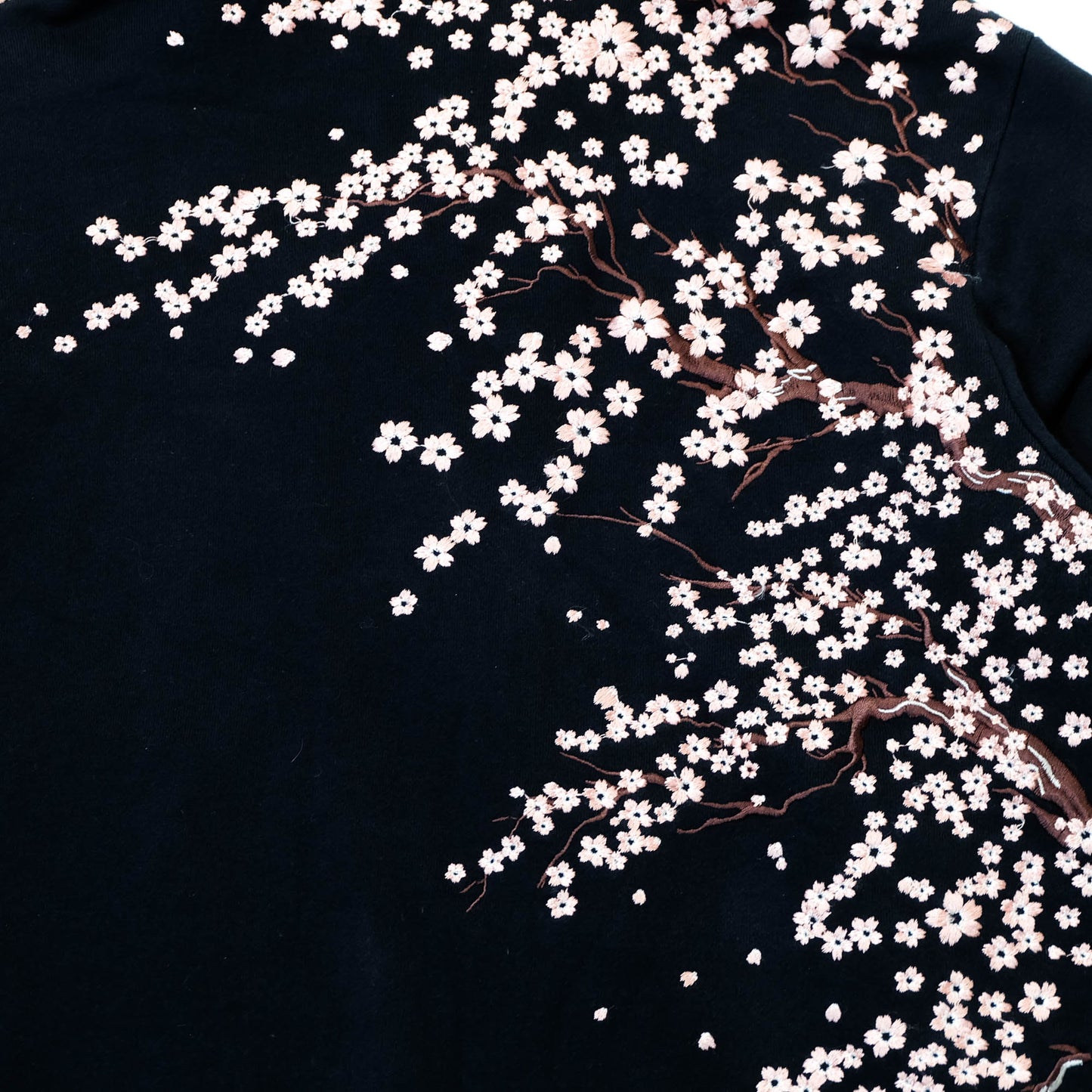 Elegant Japanese Streetwear Hoodie with Cascading Sakura Branch Embroidery, Falling Petals and Wagara-Inspired Floral Art