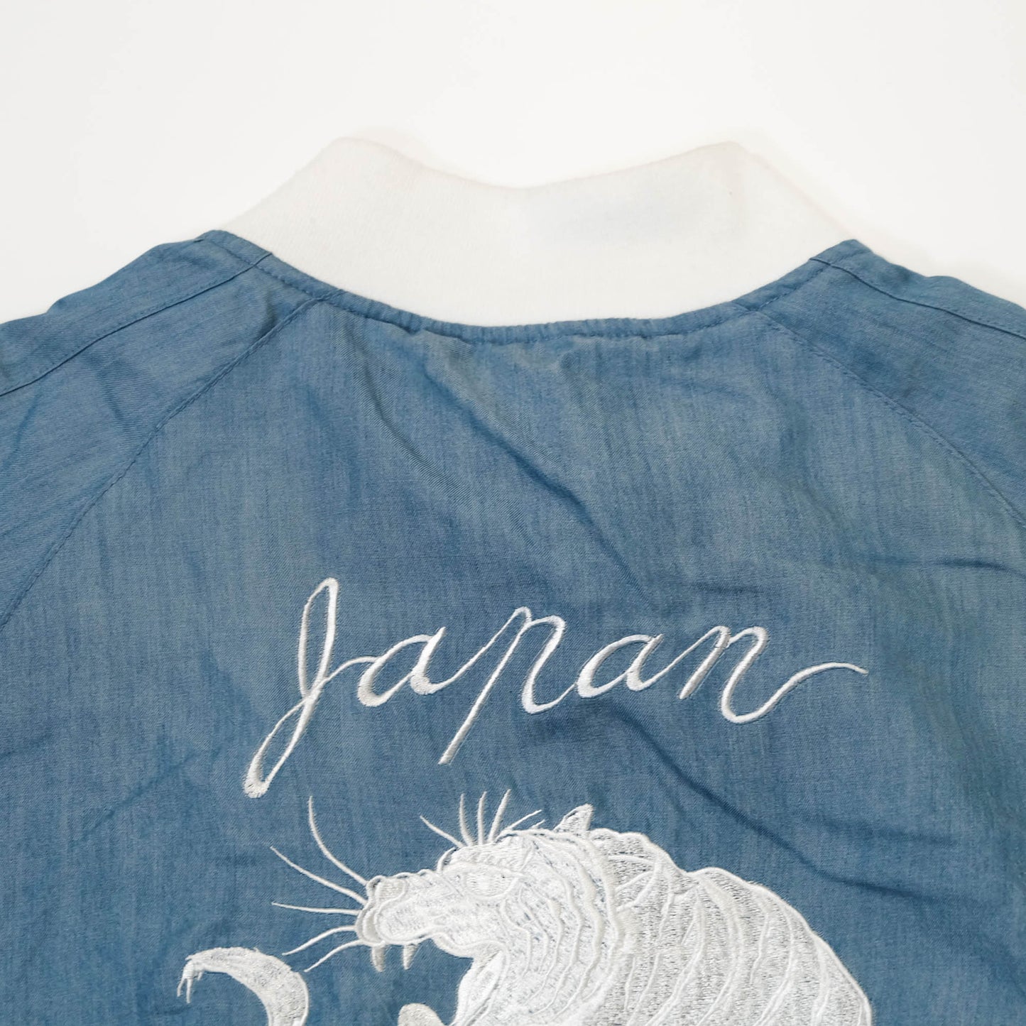 Minimalist Wagara Streetwear Jacket Featuring White Embroidered Tiger Artwork & Classic Japan Souvenir Style
