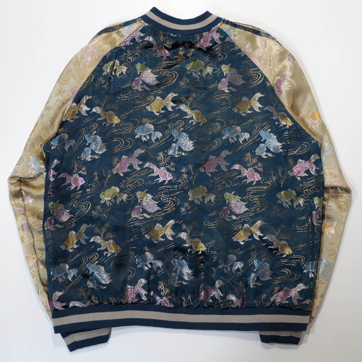 Elegant Japanese Embroidered Jacket Featuring Traditional Kingyo Goldfish, Water Ripples & Edo-Inspired Artwork