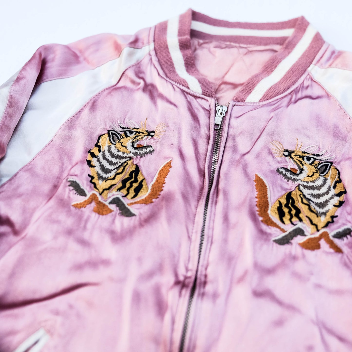 Iconic Japanese Pink Sukajan Embroidered Souvenir Bomber Jacket | Tiger & Mount Fuji Tattoo Art Jacket