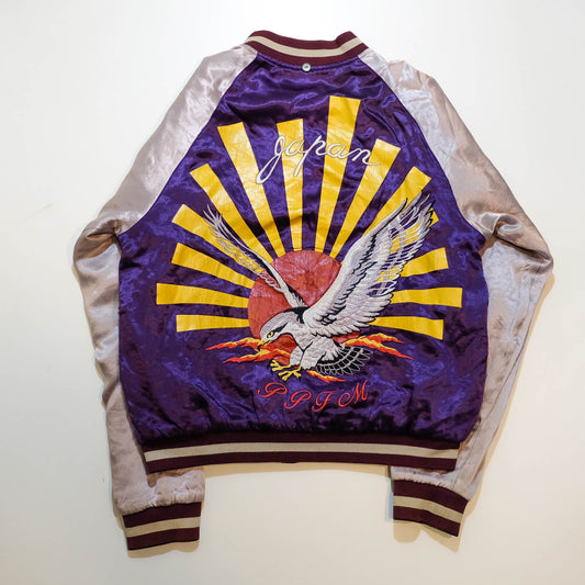 PPFM Peyton’s Place for Men Vintage Velvet Sukajan Jacket | Japanese Hinomaru Eagle Wolf Embroidery Souvenir Bomber Jacket Purple Size M-L