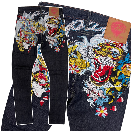 Dope Don Ed Hardy Japan Embroidered Geisha Tiger Denim Jeans 32 in