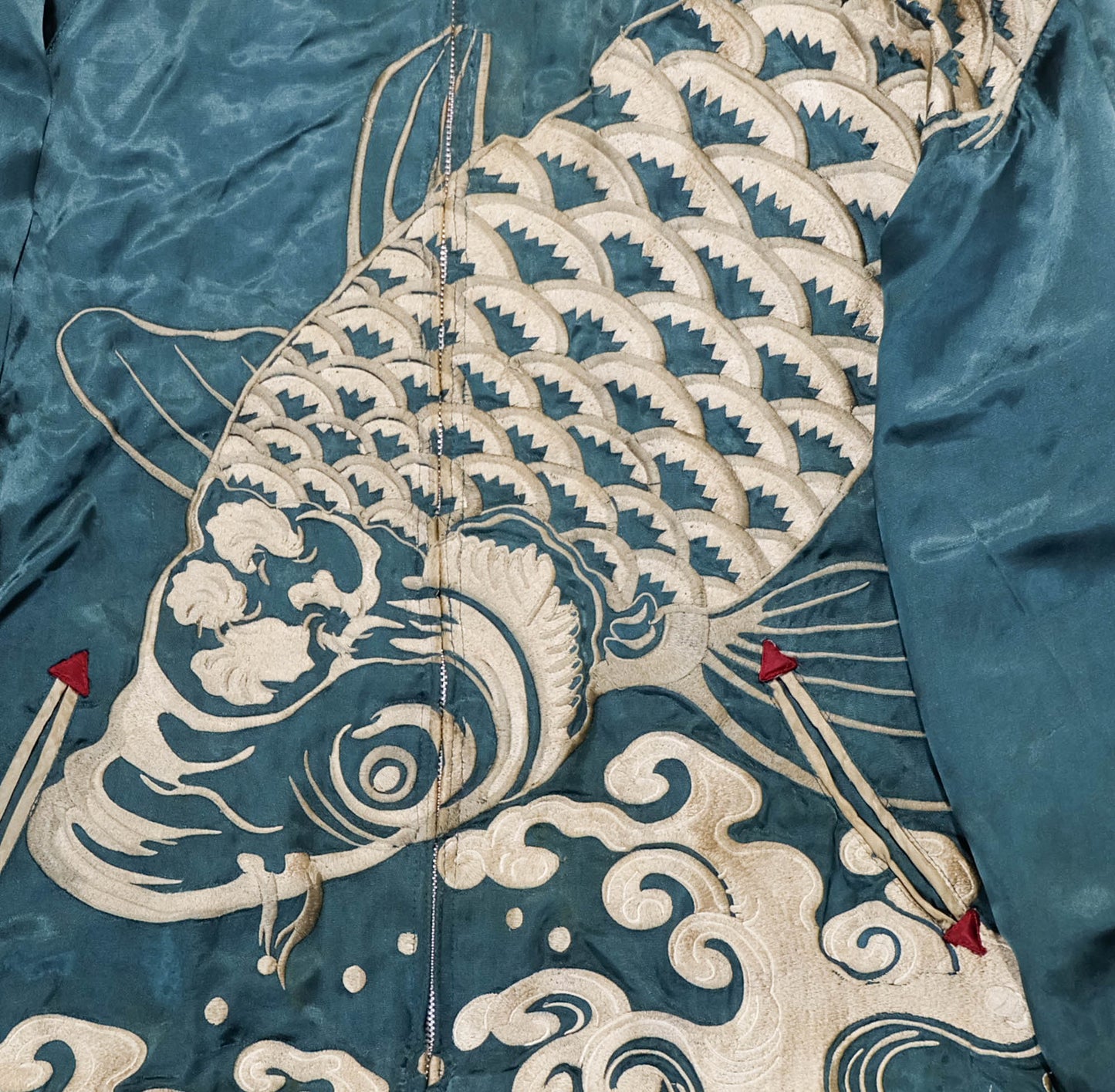 Japanese Sukajan Jacket XL Dragon & Koi Carp Water Wave Embroidery Reversible Yokosuka Bomber
