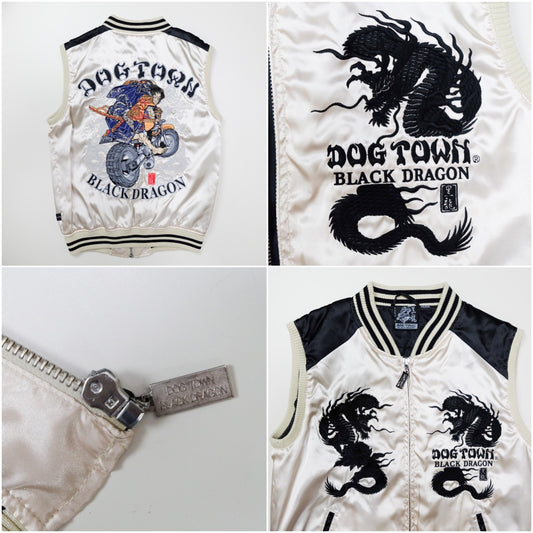 DOGTOWN Punk Rock Japan Japanese Ukiyoe Samurai Kabuki Musha Rider Biker Black Dragon Embroidery Embroidered Satin Souvenir Sukajan Vest Jacket ( Size : S )