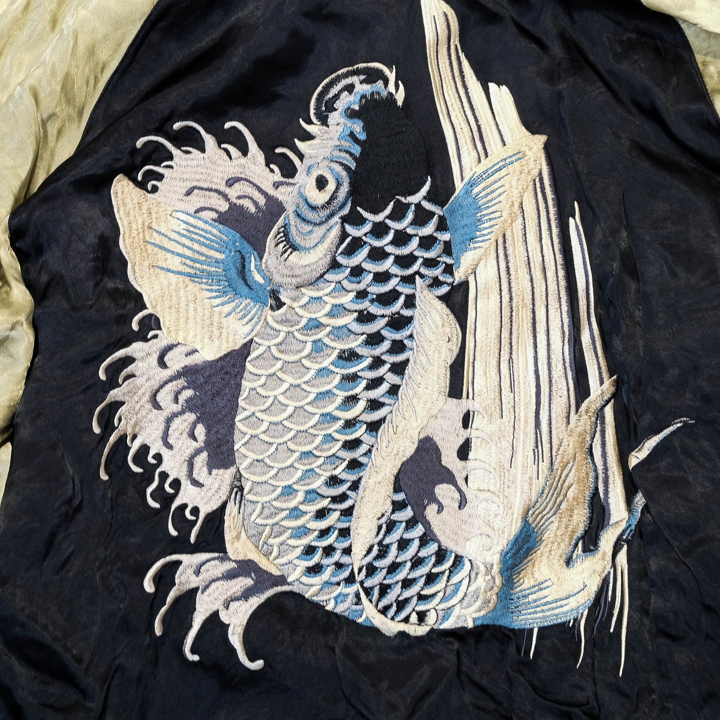 Traditional Japanese Koi Fish Wagara Embroidery Jacket Featuring Dynamic Water Motif & Vintage Yokosuka Style