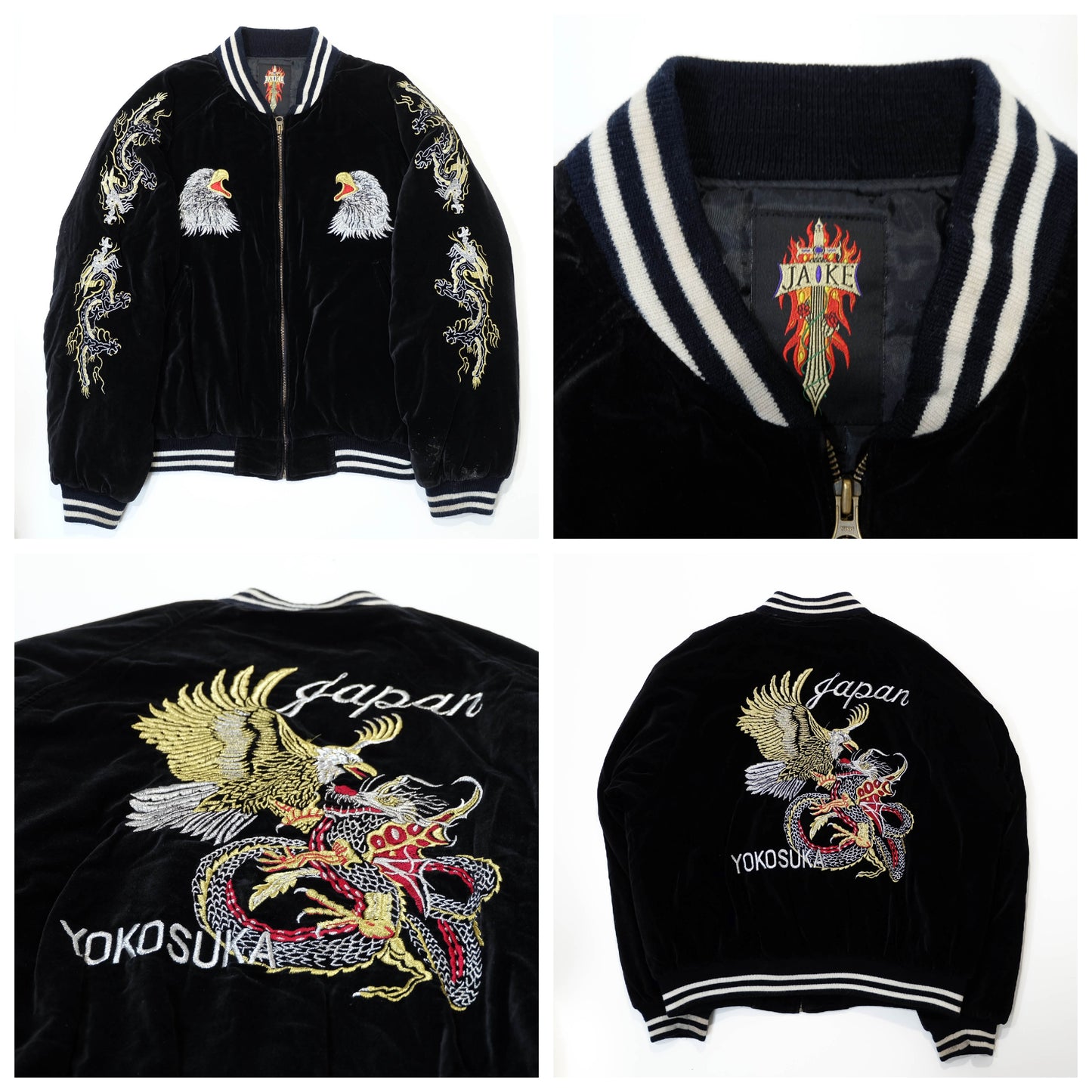 Rare Japanese Velvet Bomber Jacket Featuring Twin Dragons, Eagle & Yokosuka Souvenir Artwork
