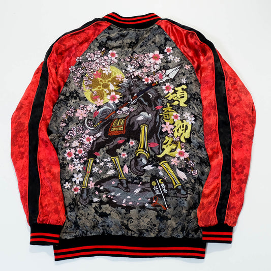 Miyabi Musubi ZENBU Japanese Badass Black Red Yakuza Yanki Dragon Sakura Horse Uma Warrior Musha Warrior Cherry Blossoms Embroidered Embroidery Sukajan Souvenir Sukajum Skajum Tattoo Art Design Yokosuka Jumper Bomber Jacket ( Size : L )