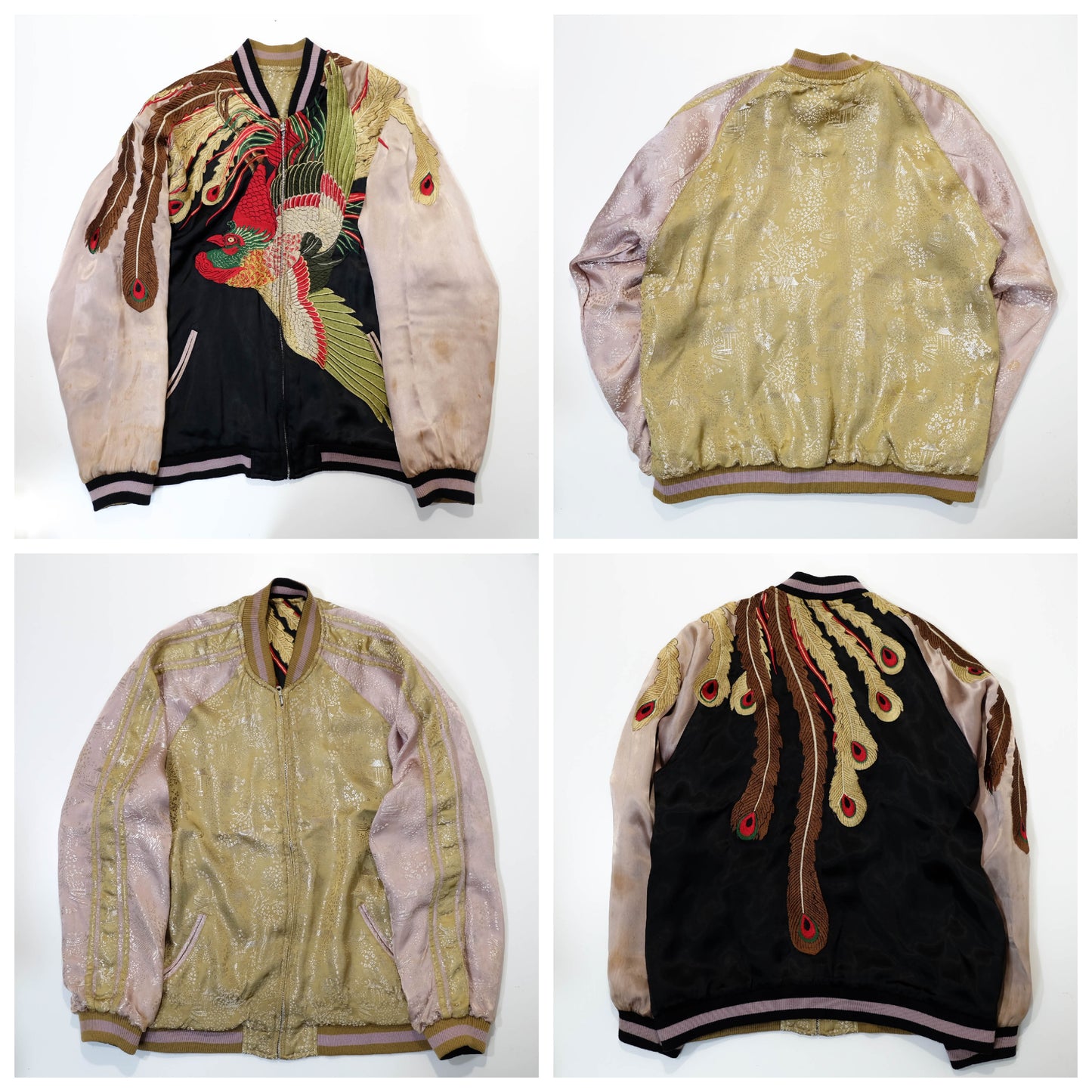 Vintage-Inspired Wagara Embroidered Jacket Featuring Majestic Kujaku Peacock Feathers, Phoenix Bird & Traditional Japanese Textile Art