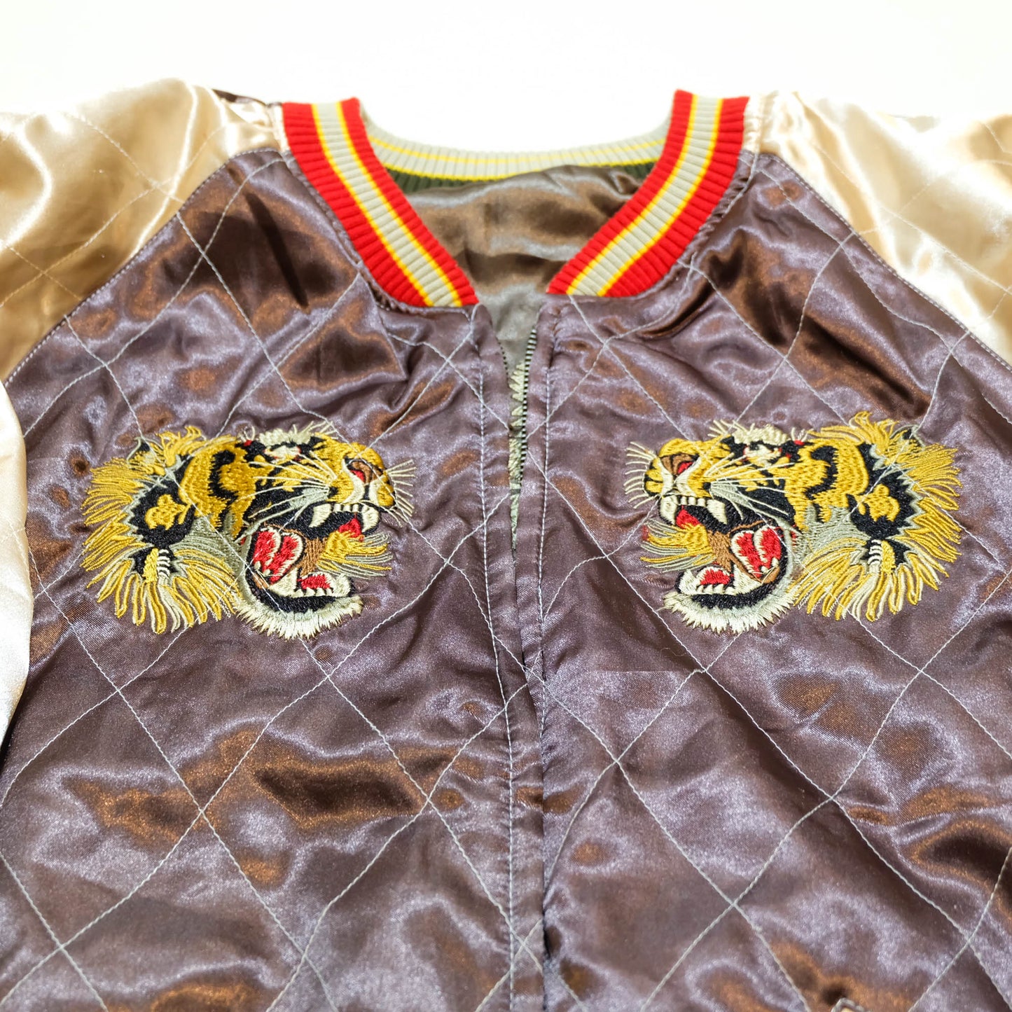 Brown Tiger × Dragon Embroidered Sukajan Jacket Japanese Souvenir Bomber Jacket M-L | Vintage Yokosuka Style Streetwear Wearable Art
