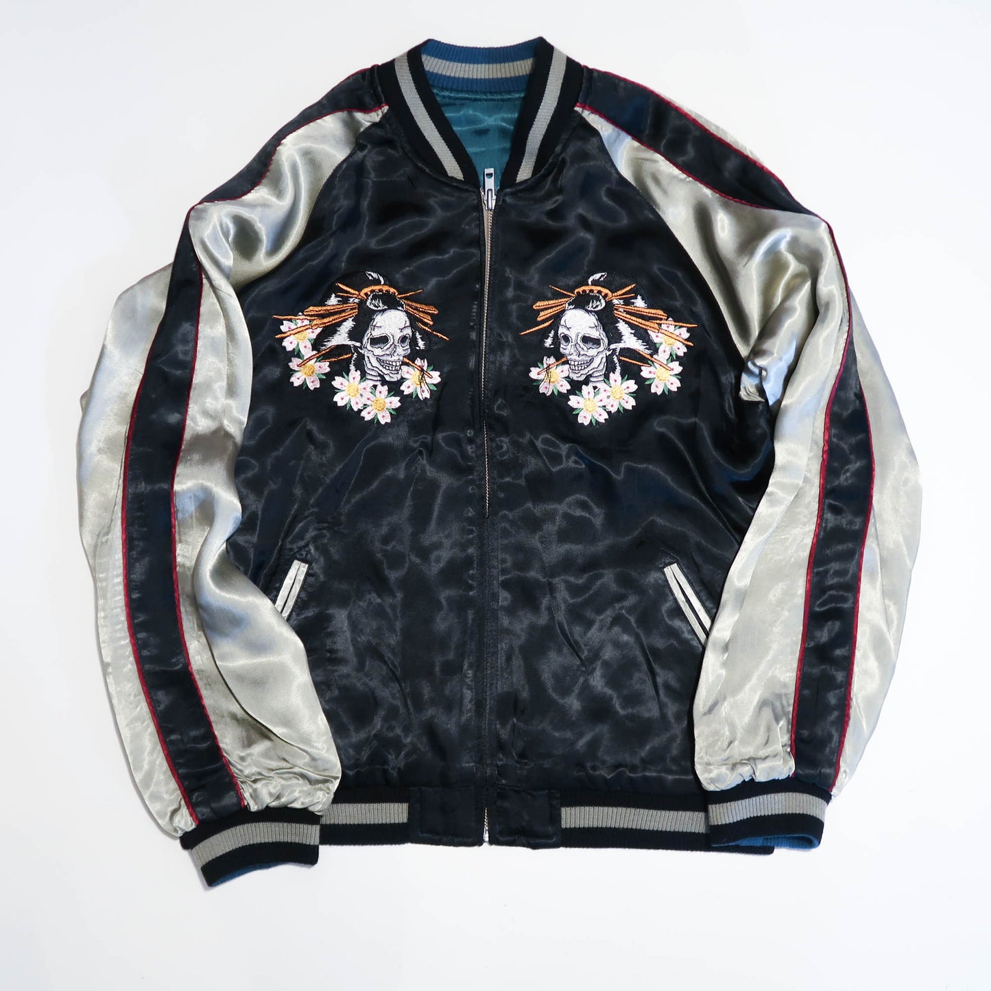 Skeleton Geisha Shamisen Sukajan Jacket | Japanese Punk Rockabilly Embroidered Souvenir Bomber Jacket