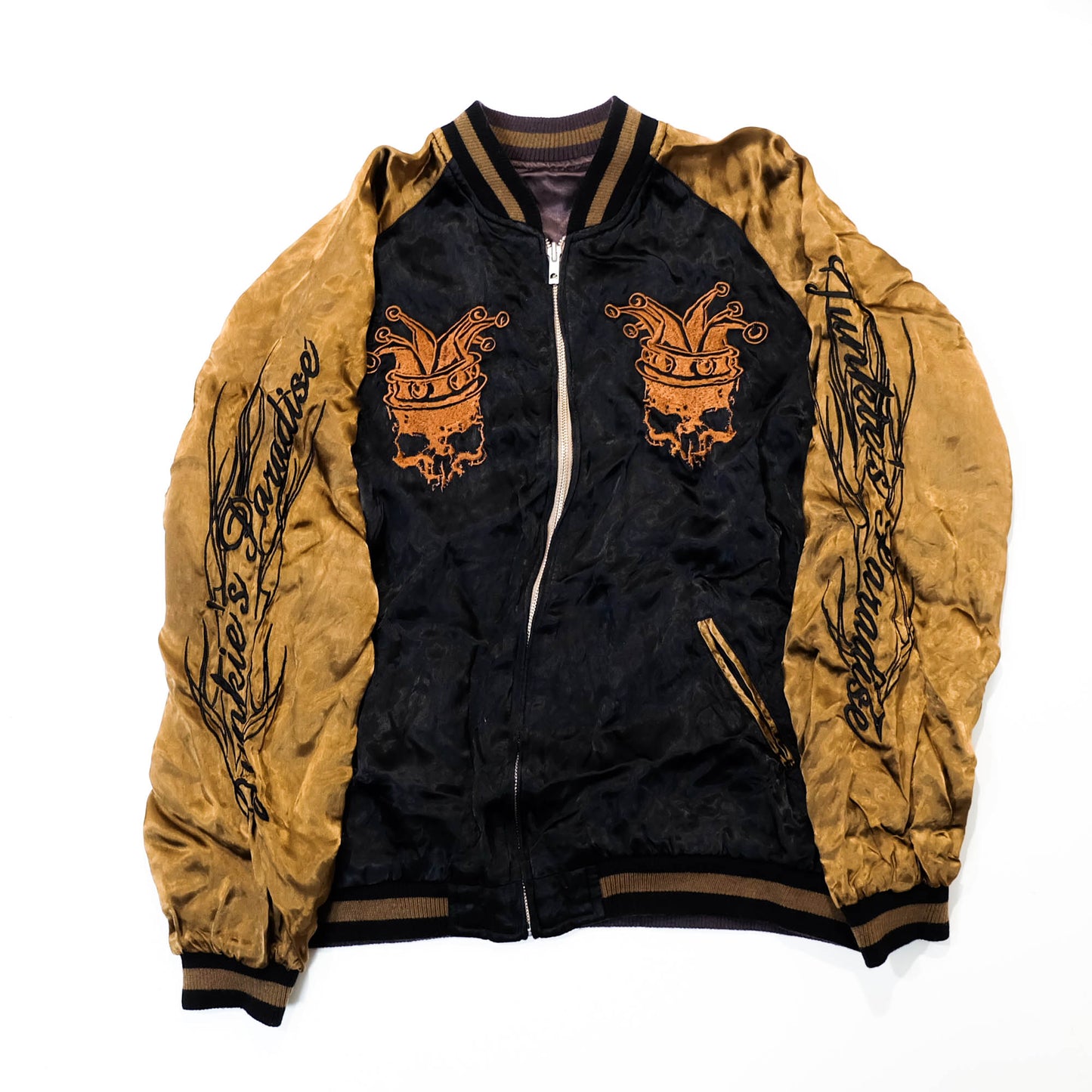 Junky’s Paradise Crown Skull Sukajan Jacket Black Gold Embroidered Japanese Rock Bomber Size L
