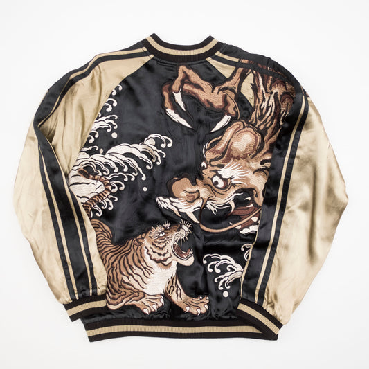 SATORI Japan Japanese Dragon Ryu Tiger Tora Black Embroidery Embroidered Reversible Satin Souvenir Sukajan Bomber Jacket ( Size :  )