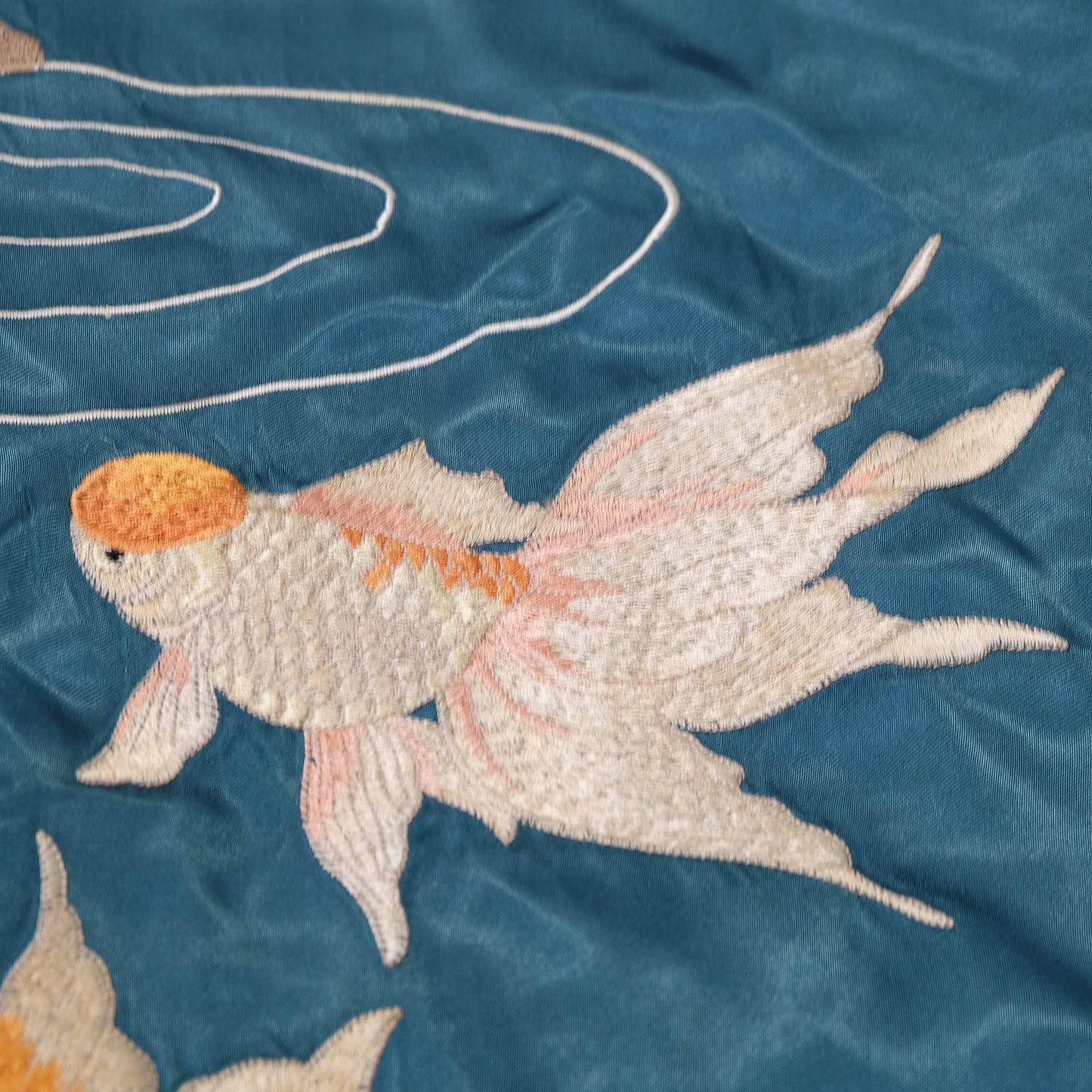 Elegant Japanese Embroidered Jacket Featuring Traditional Kingyo Goldfish, Water Ripples & Edo-Inspired Artwork