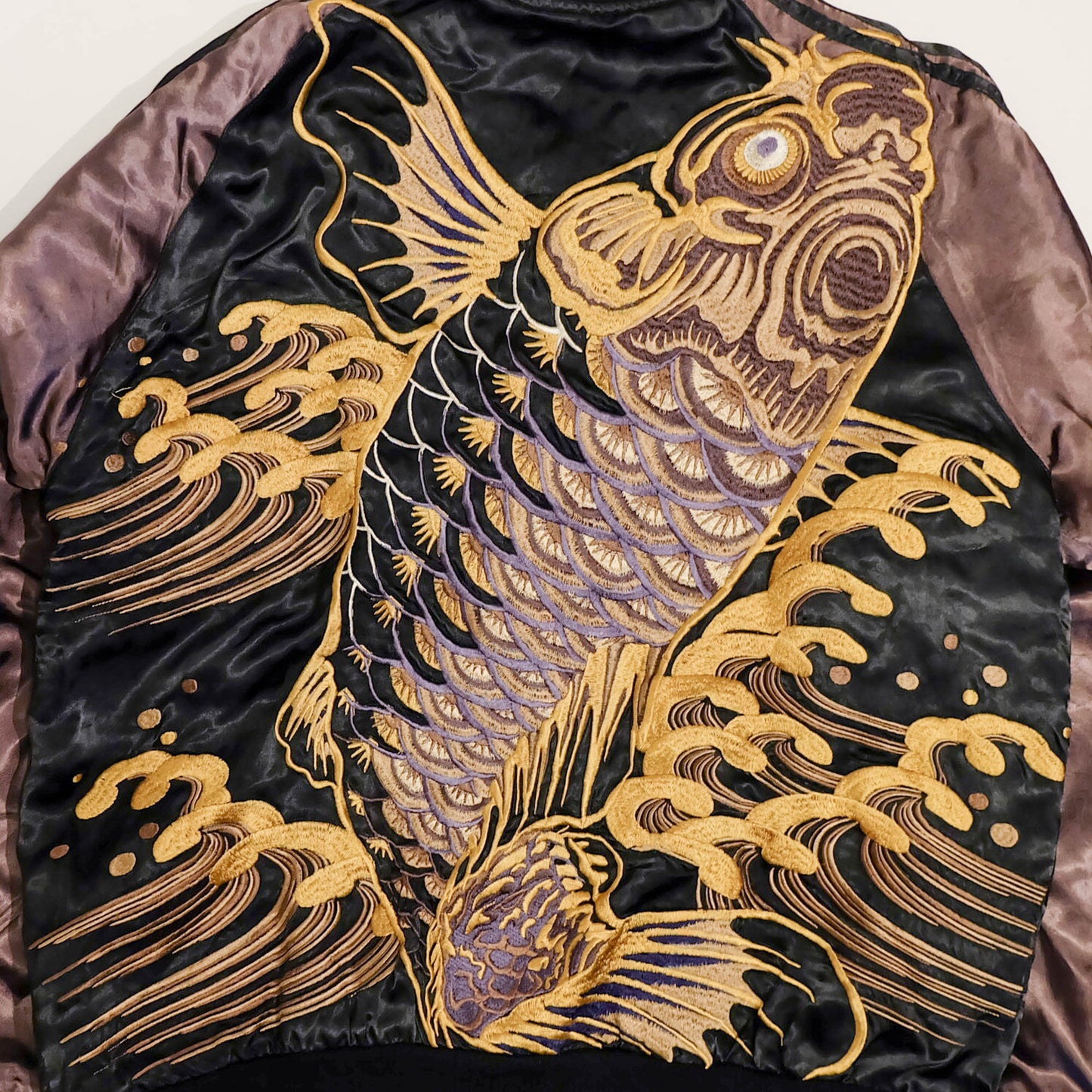 Ryu-Oh Reversible Koi Fish Sukajan Jacket Size L Vintage Japanese Souvenir Bomber | Rising Koi Tattoo Art, Lotus Crest & Brocade Sleeve Wearable Art
