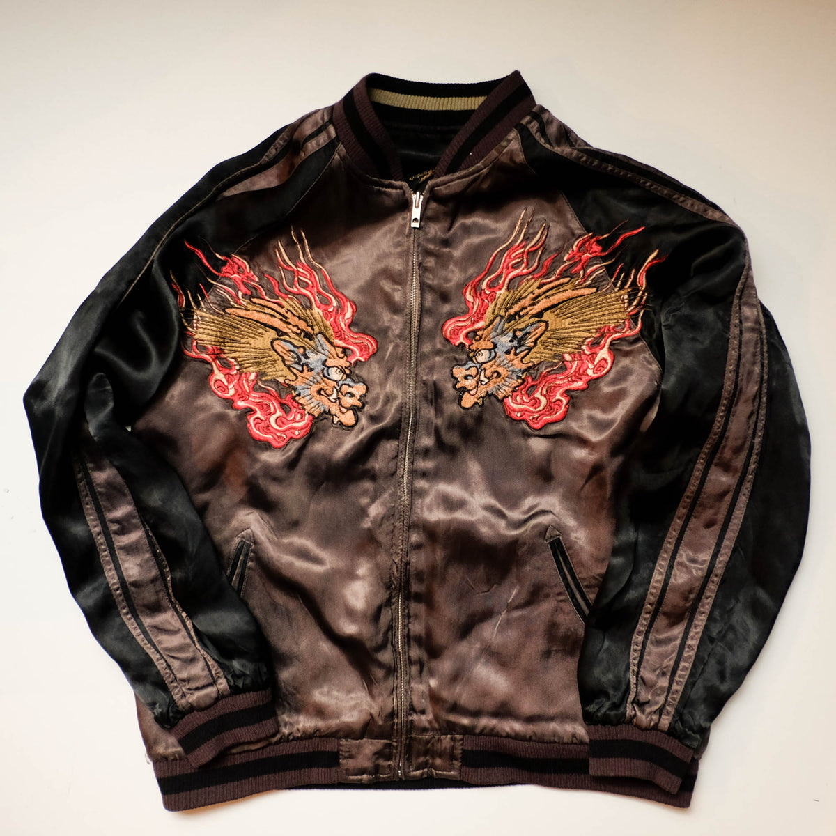 Shōki Demon Slayer & Flaming Tiger Reversible Sukajan Jacket Size L | Japanese Embroidered Souvenir Bomber