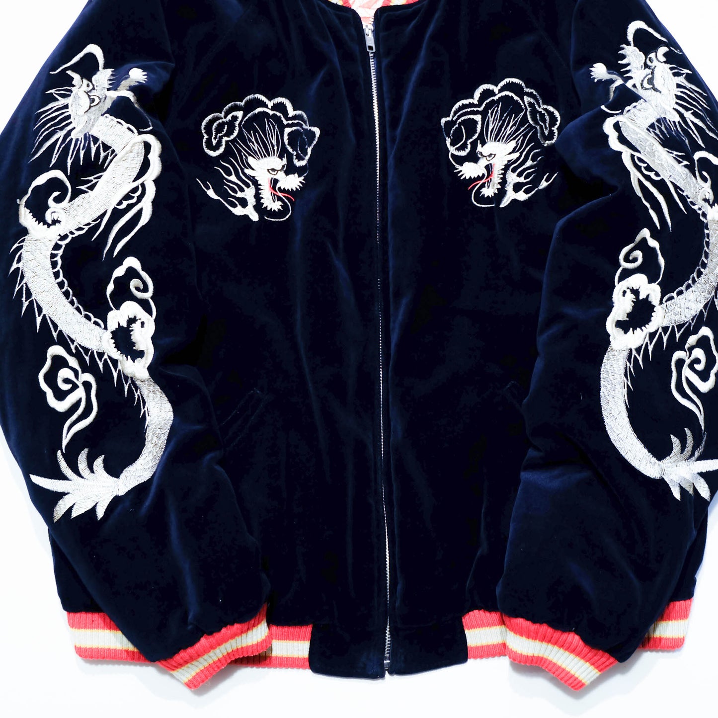 Japanese Velvet Padded Sukajan Reversible Yokosuka Bomber Jacket Dragon & Skull Embroidery Size M