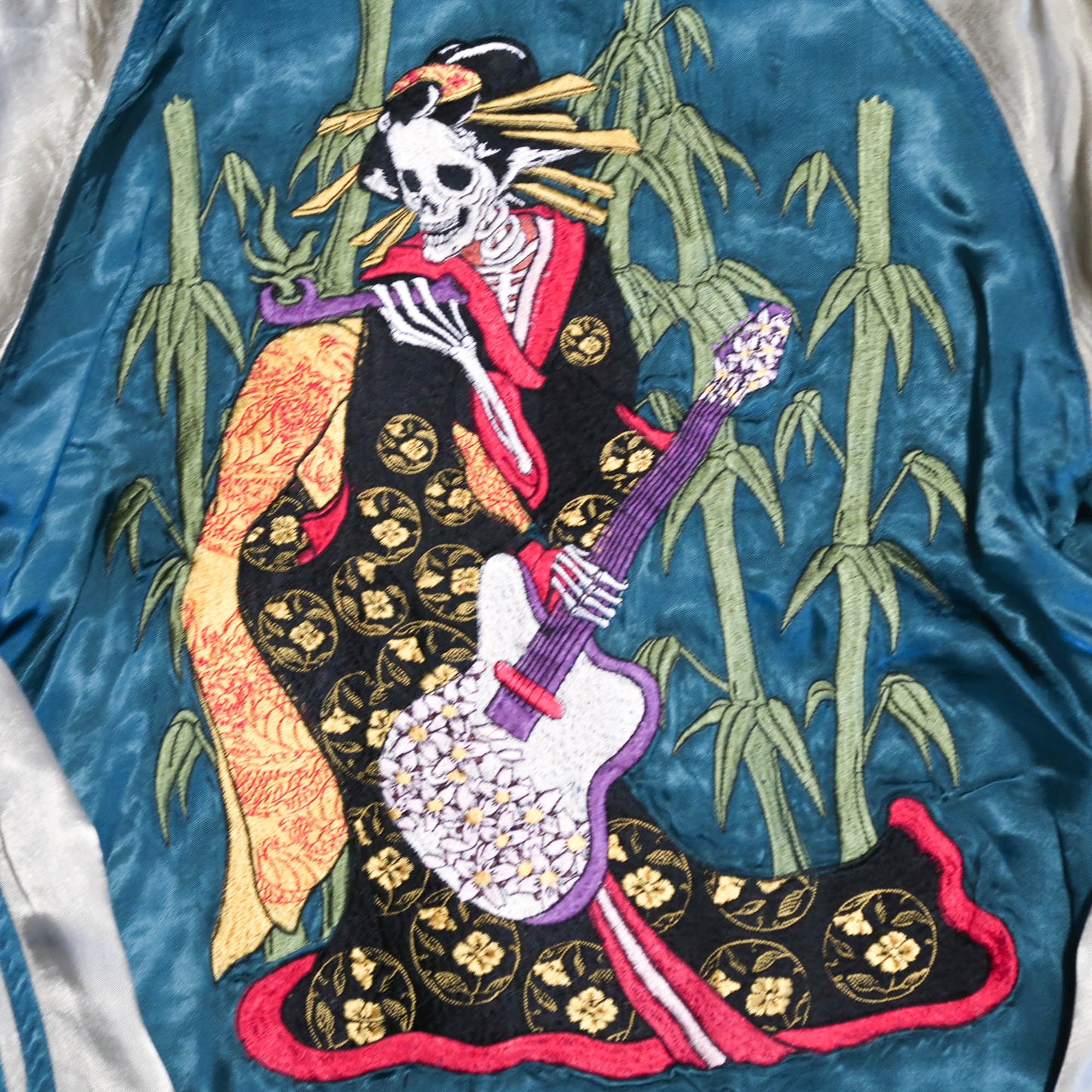 Skeleton Geisha Shamisen Sukajan Jacket | Japanese Punk Rockabilly Embroidered Souvenir Bomber Jacket