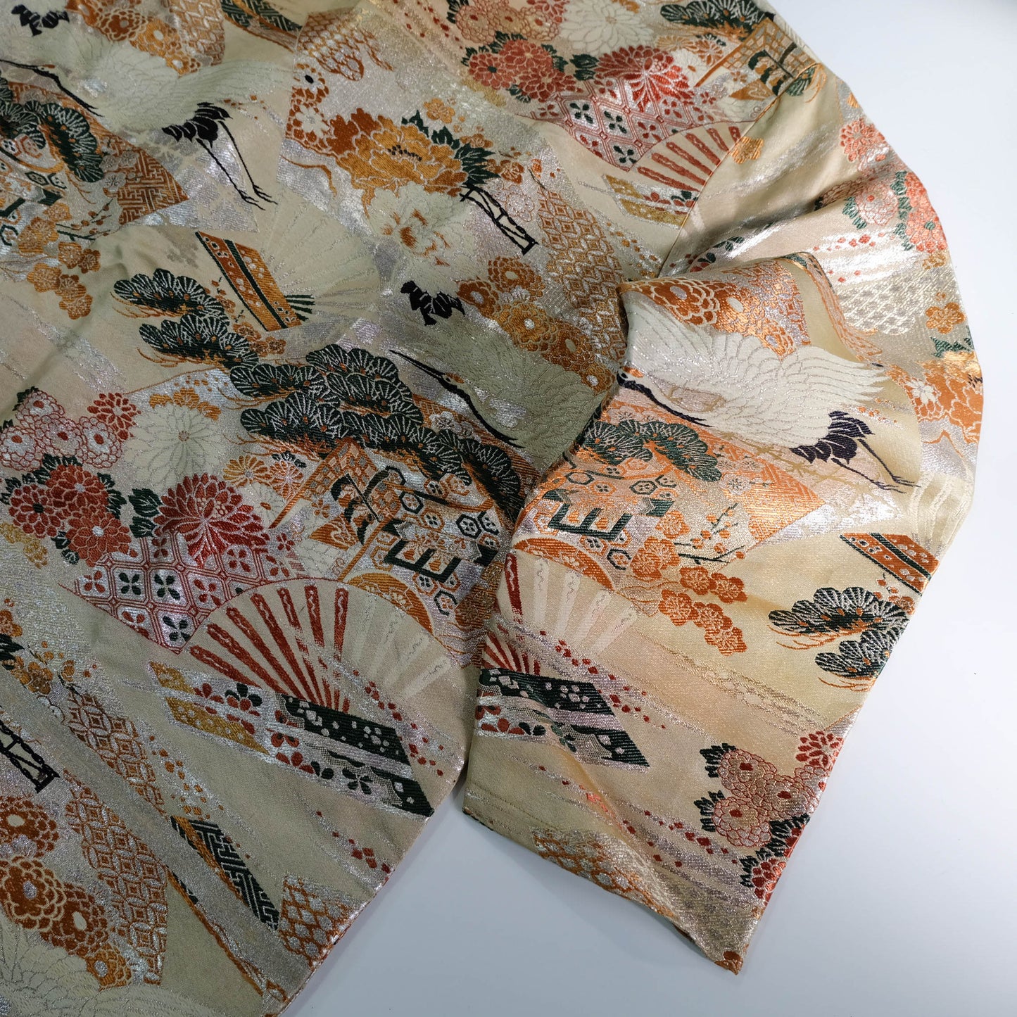 One-of-a-Kind Japanese Wagara Brocade Jacket with Tsuru Cranes, Sensu Fans, Pine, Chrysanthemum & Classical Geometric Motifs