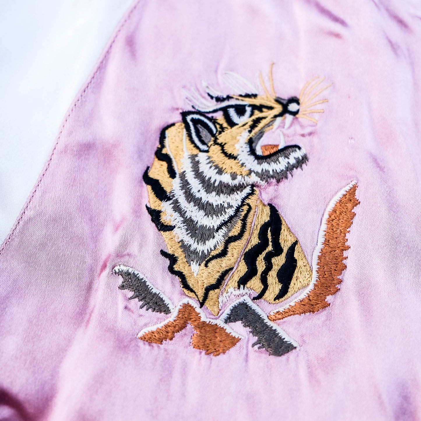 Iconic Japanese Pink Sukajan Embroidered Souvenir Bomber Jacket | Tiger & Mount Fuji Tattoo Art Jacket
