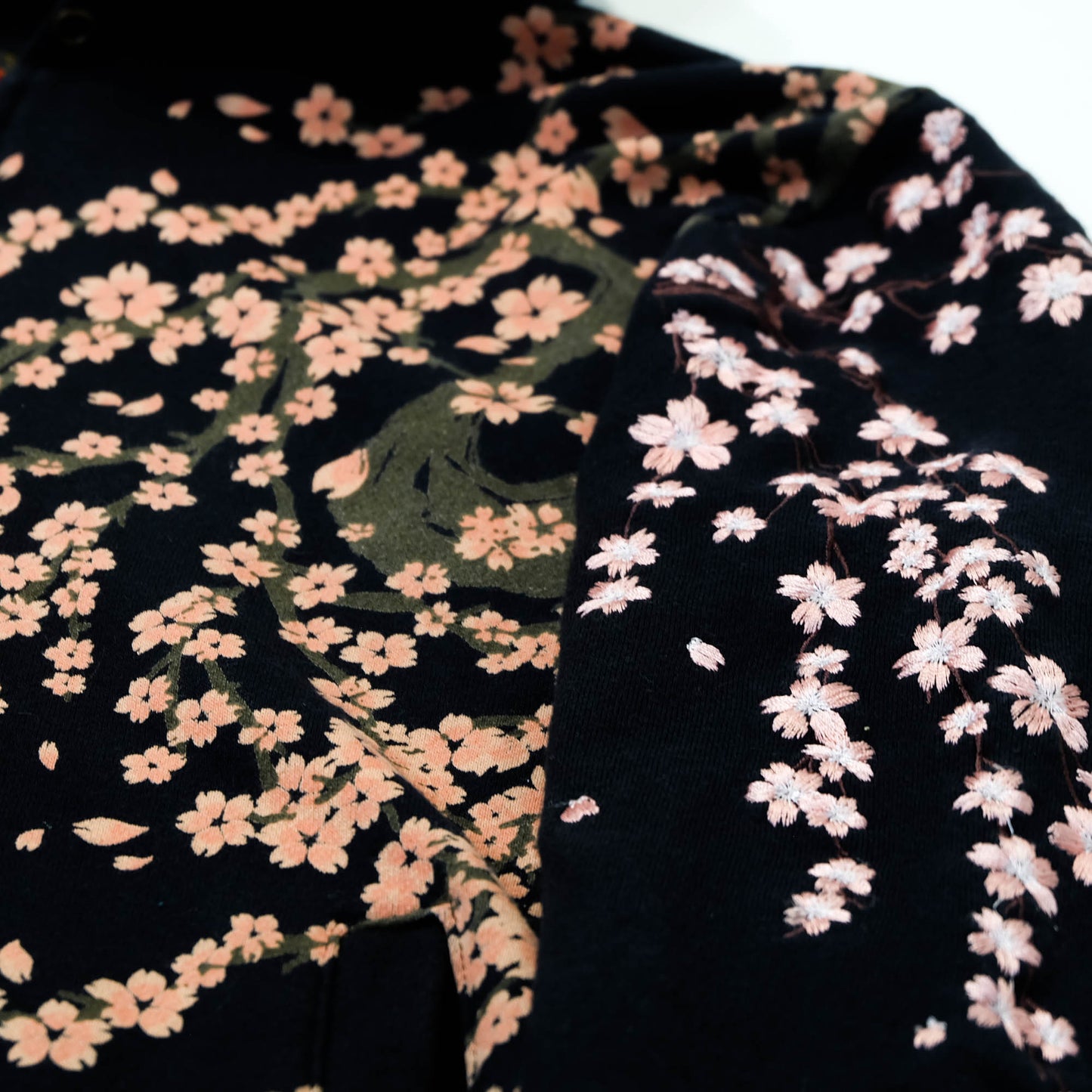 Elegant Japanese Streetwear Hoodie with Cascading Sakura Branch Embroidery, Falling Petals and Wagara-Inspired Floral Art