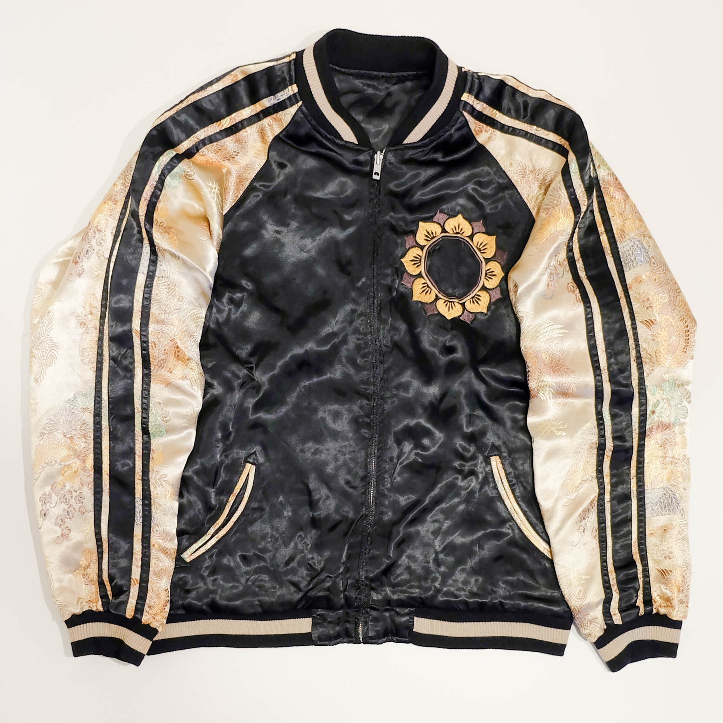 Ryu-Oh Reversible Koi Fish Sukajan Jacket Size L Vintage Japanese Souvenir Bomber | Rising Koi Tattoo Art, Lotus Crest & Brocade Sleeve Wearable Art