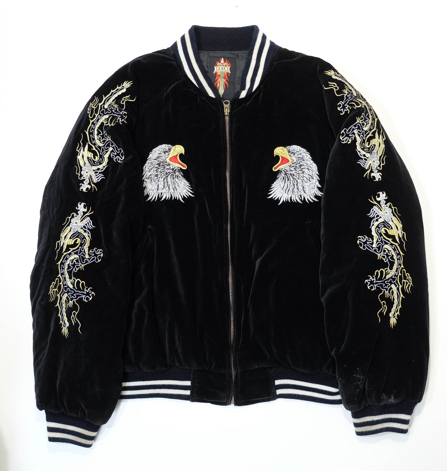 Rare Japanese Velvet Bomber Jacket Featuring Twin Dragons, Eagle & Yokosuka Souvenir Artwork