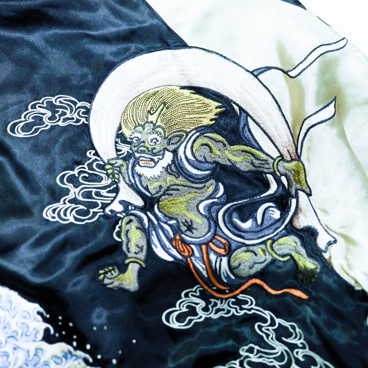 Rare Japanese Oni Wind & Thunder Gods × Great Wave Embroidered Rayon Souvenir Jacket