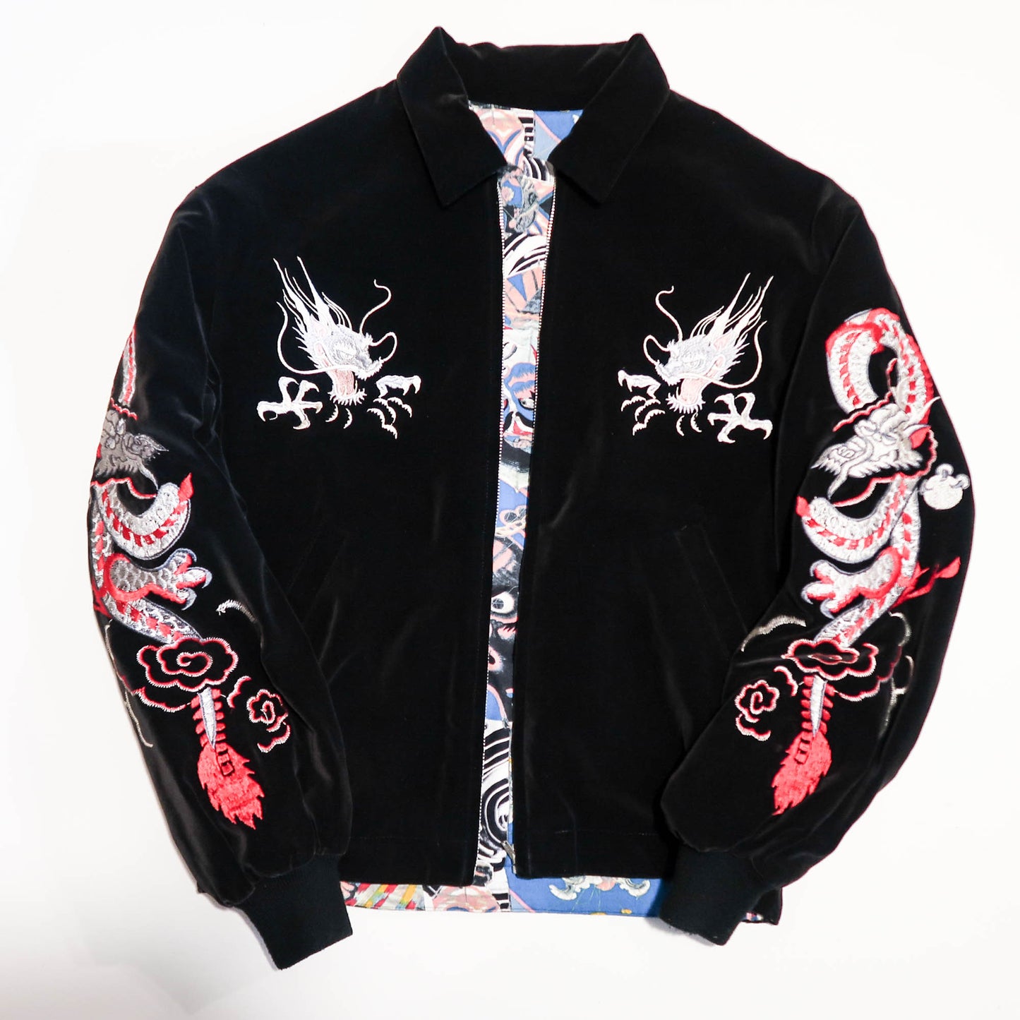 Reversible Black Velvet Dragon Sukajan Jacket – Ukiyo-e Kabuki Samurai Art Collage Japanese Souvenir Blouson
