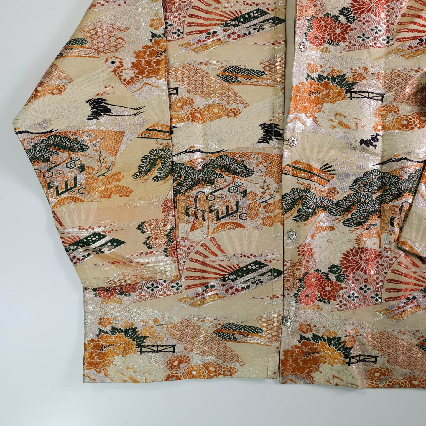 One-of-a-Kind Japanese Wagara Brocade Jacket with Tsuru Cranes, Sensu Fans, Pine, Chrysanthemum & Classical Geometric Motifs