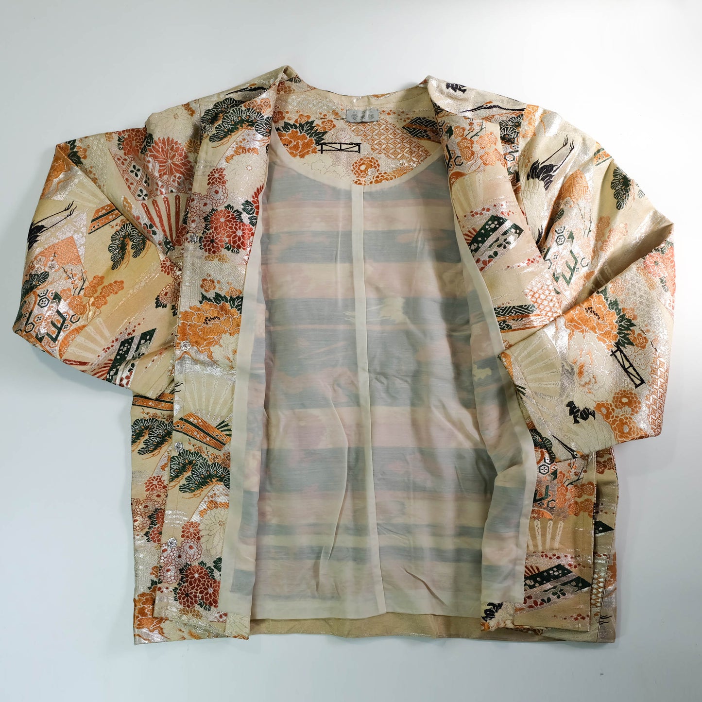 One-of-a-Kind Japanese Wagara Brocade Jacket with Tsuru Cranes, Sensu Fans, Pine, Chrysanthemum & Classical Geometric Motifs