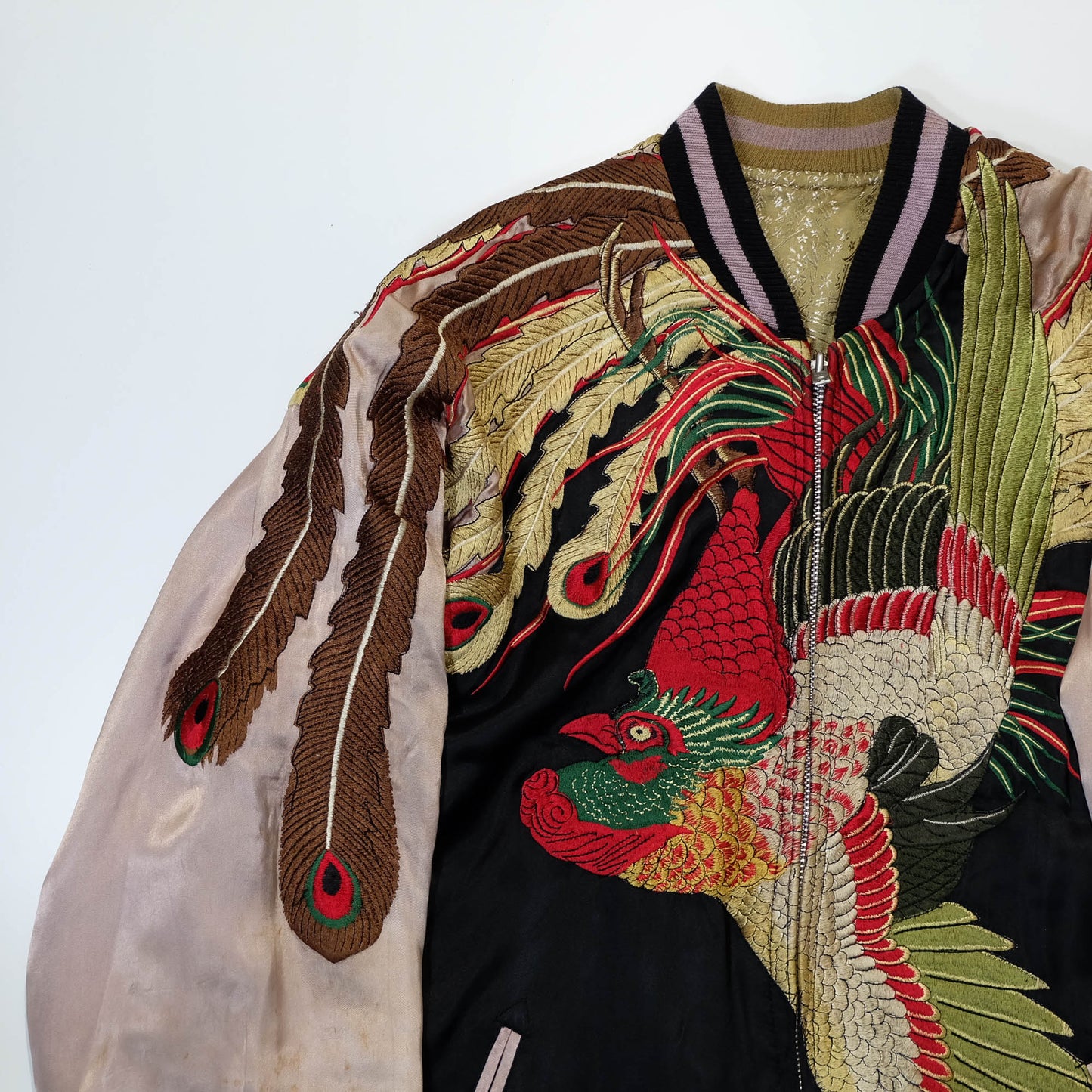 Vintage-Inspired Wagara Embroidered Jacket Featuring Majestic Kujaku Peacock Feathers, Phoenix Bird & Traditional Japanese Textile Art