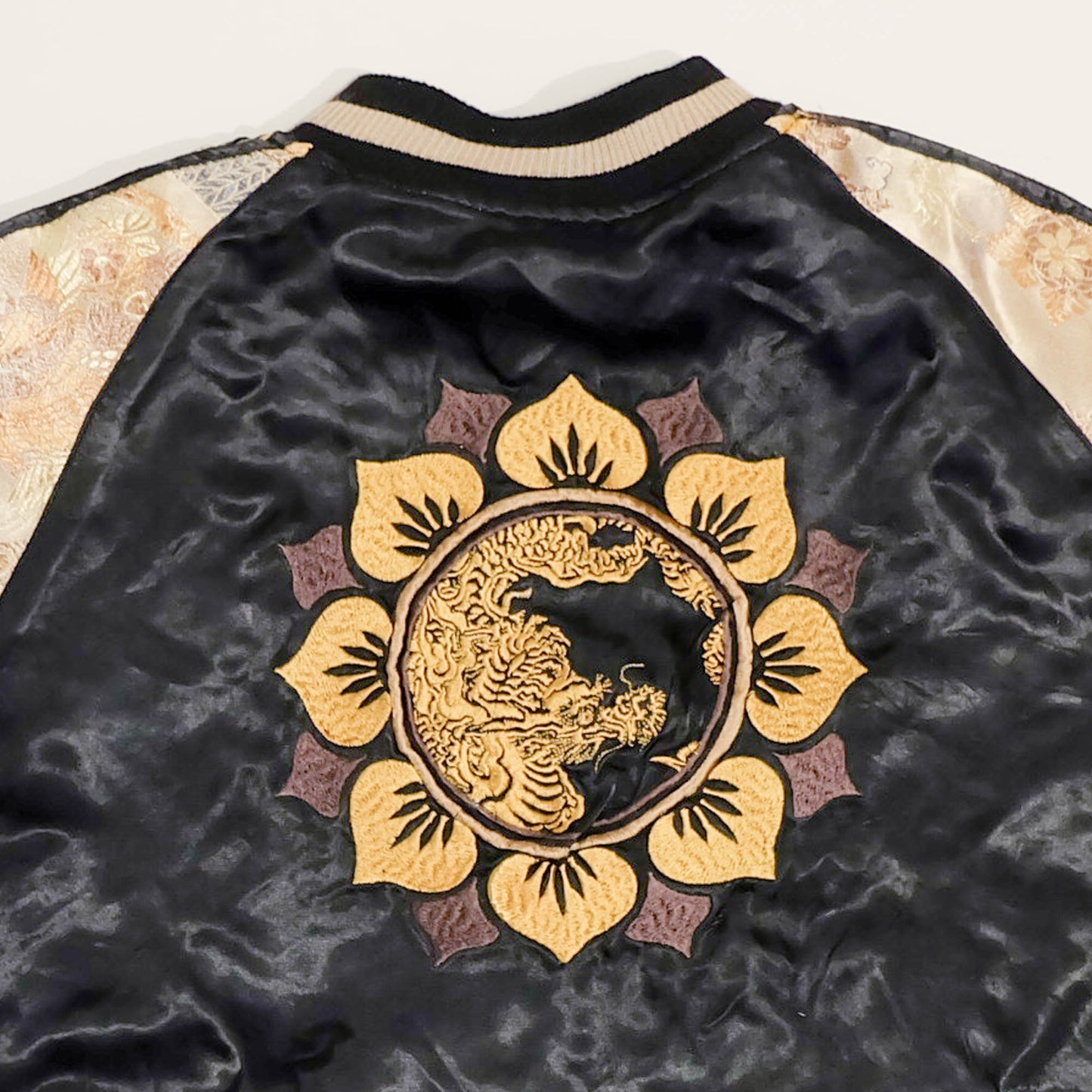 Ryu-Oh Reversible Koi Fish Sukajan Jacket Size L Vintage Japanese Souvenir Bomber | Rising Koi Tattoo Art, Lotus Crest & Brocade Sleeve Wearable Art