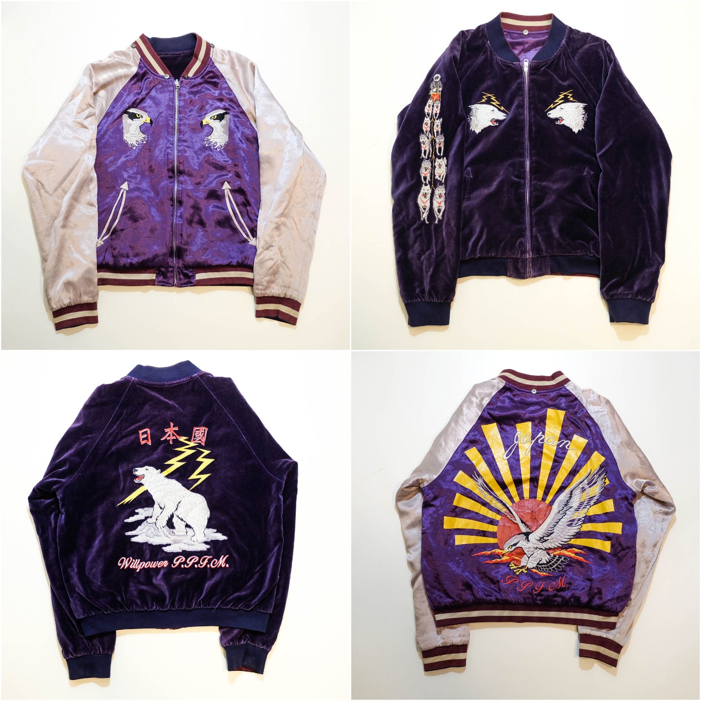 PPFM Peyton’s Place for Men Vintage Velvet Sukajan Jacket | Japanese Hinomaru Eagle Wolf Embroidery Souvenir Bomber Jacket Purple Size M-L