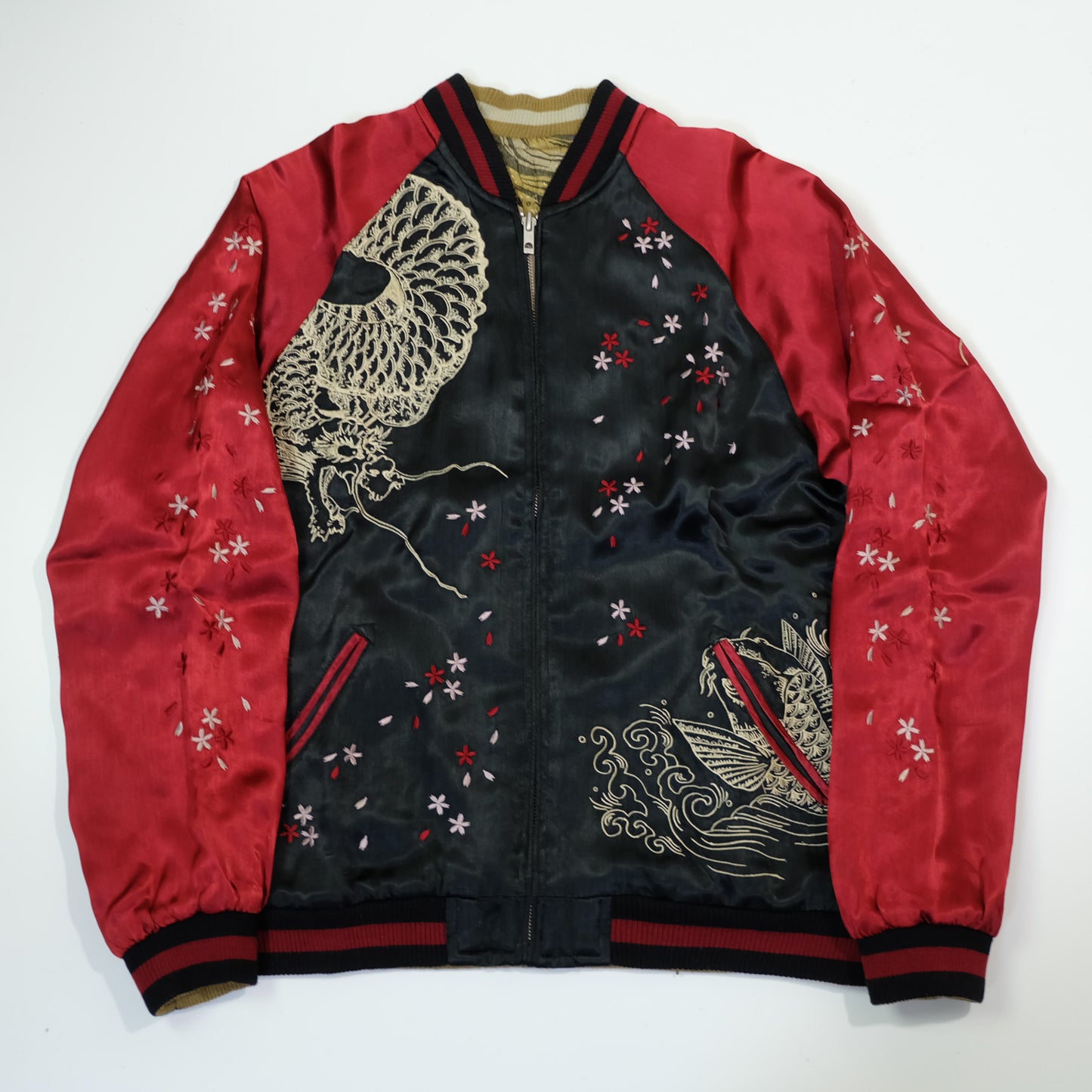 Reversible Japanese Dragon Koi Fish Whirlpool Art Sukajan Souvenir Jacket Size M