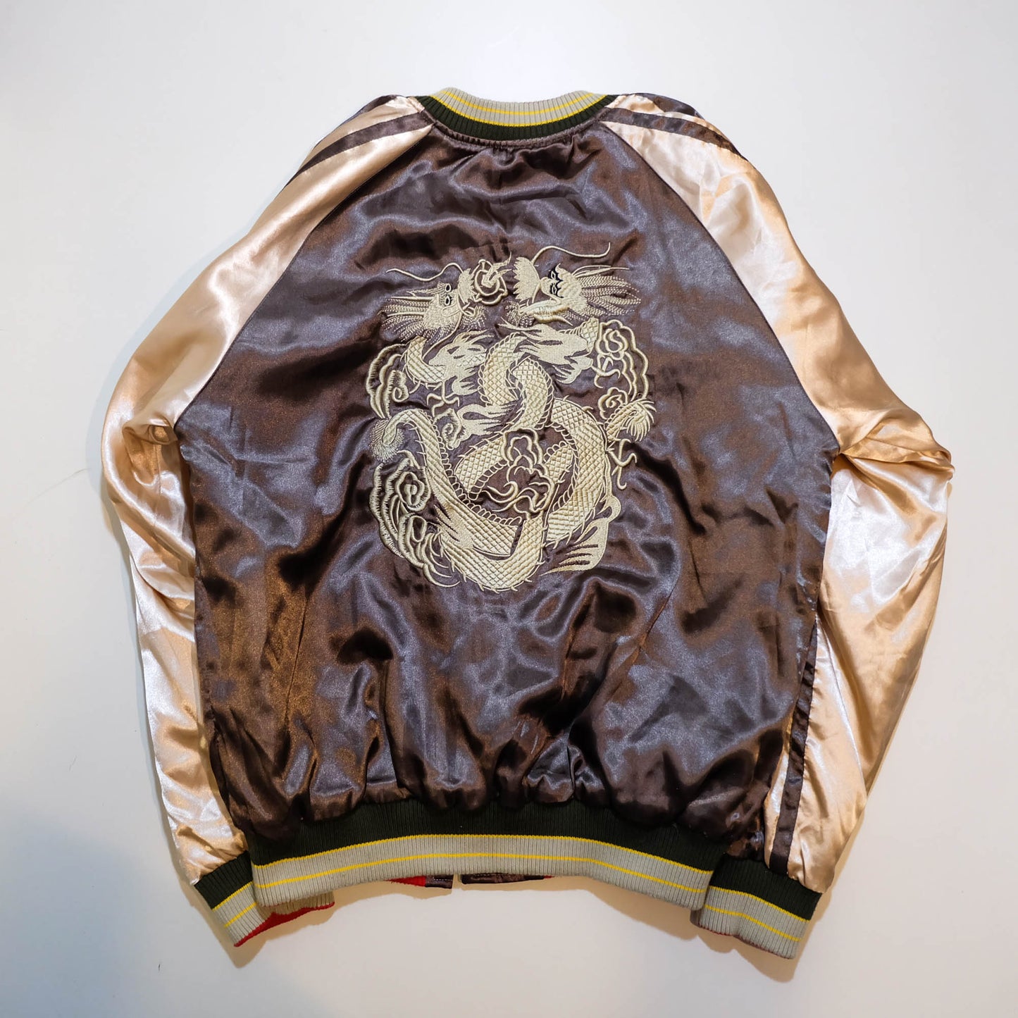 Brown Tiger × Dragon Embroidered Sukajan Jacket Japanese Souvenir Bomber Jacket M-L | Vintage Yokosuka Style Streetwear Wearable Art