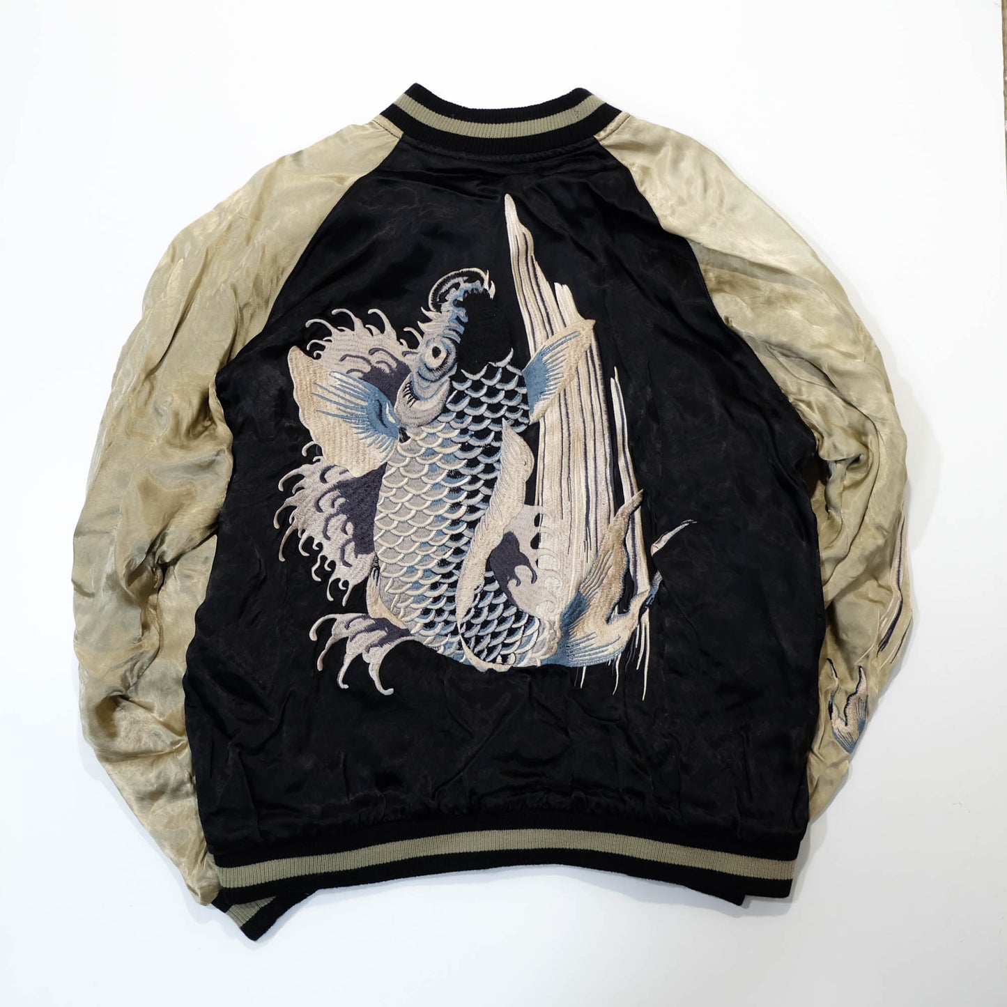 Traditional Japanese Koi Fish Wagara Embroidery Jacket Featuring Dynamic Water Motif & Vintage Yokosuka Style