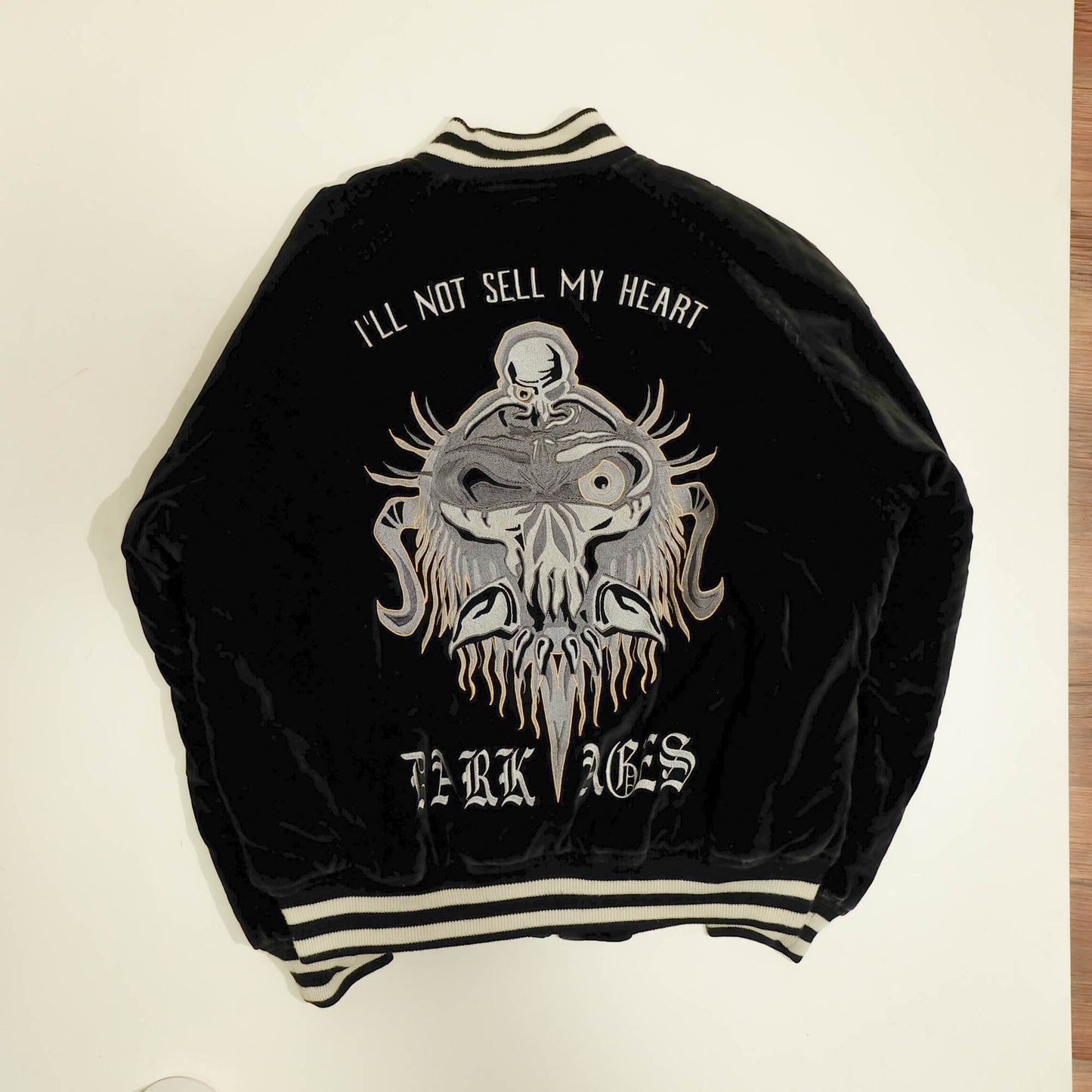 High Spirit “I’ll Not Sell My Heart” Velvet Sukajan / Souvenir Jacket Skull × Sacred Geometry × Sword Embroidery Japanese Streetwear Jacket